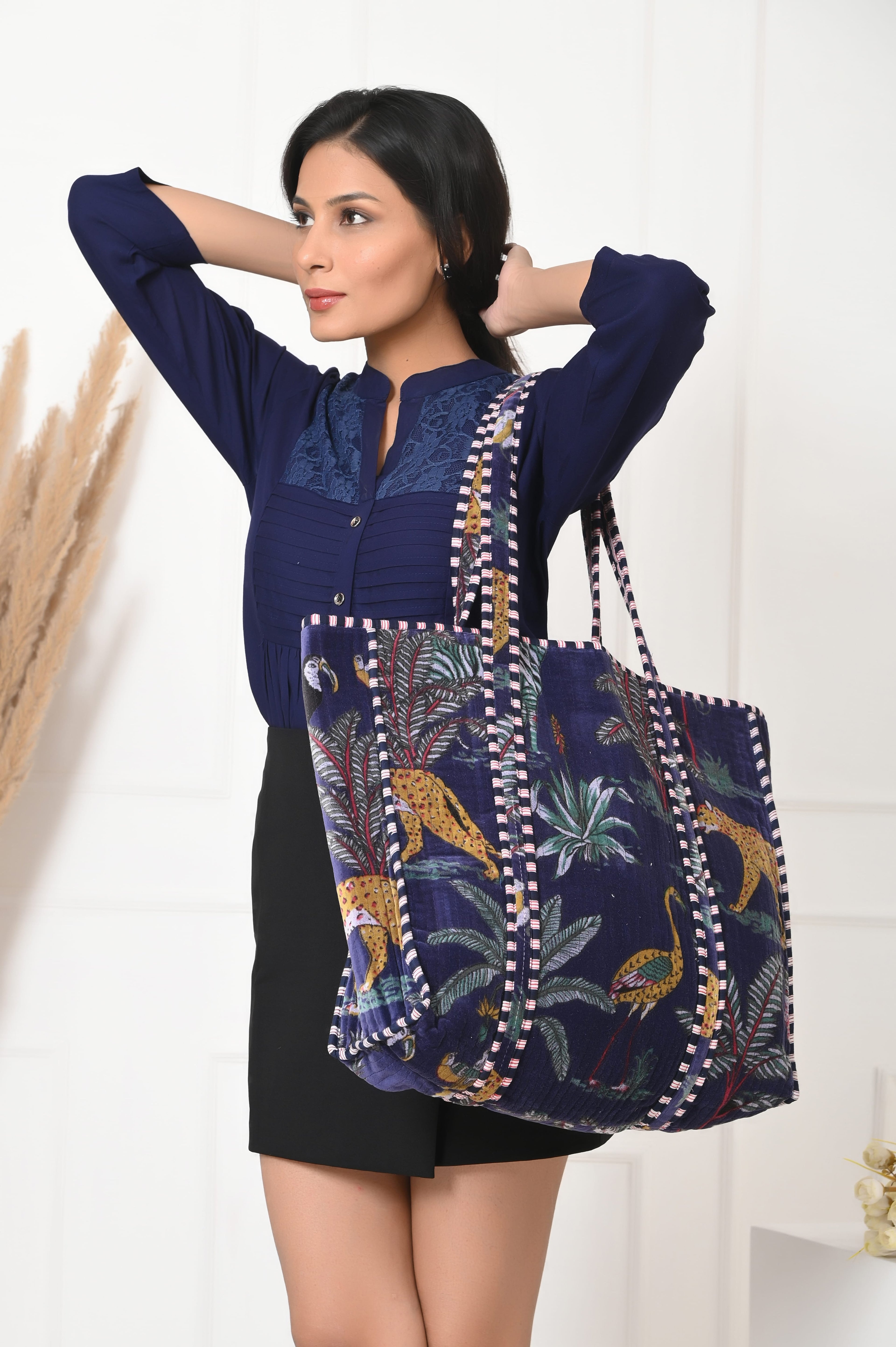 The Jungle Tote in Velvet — handmade quilted velvet tote with bold Indian jungle print, ethically made in India