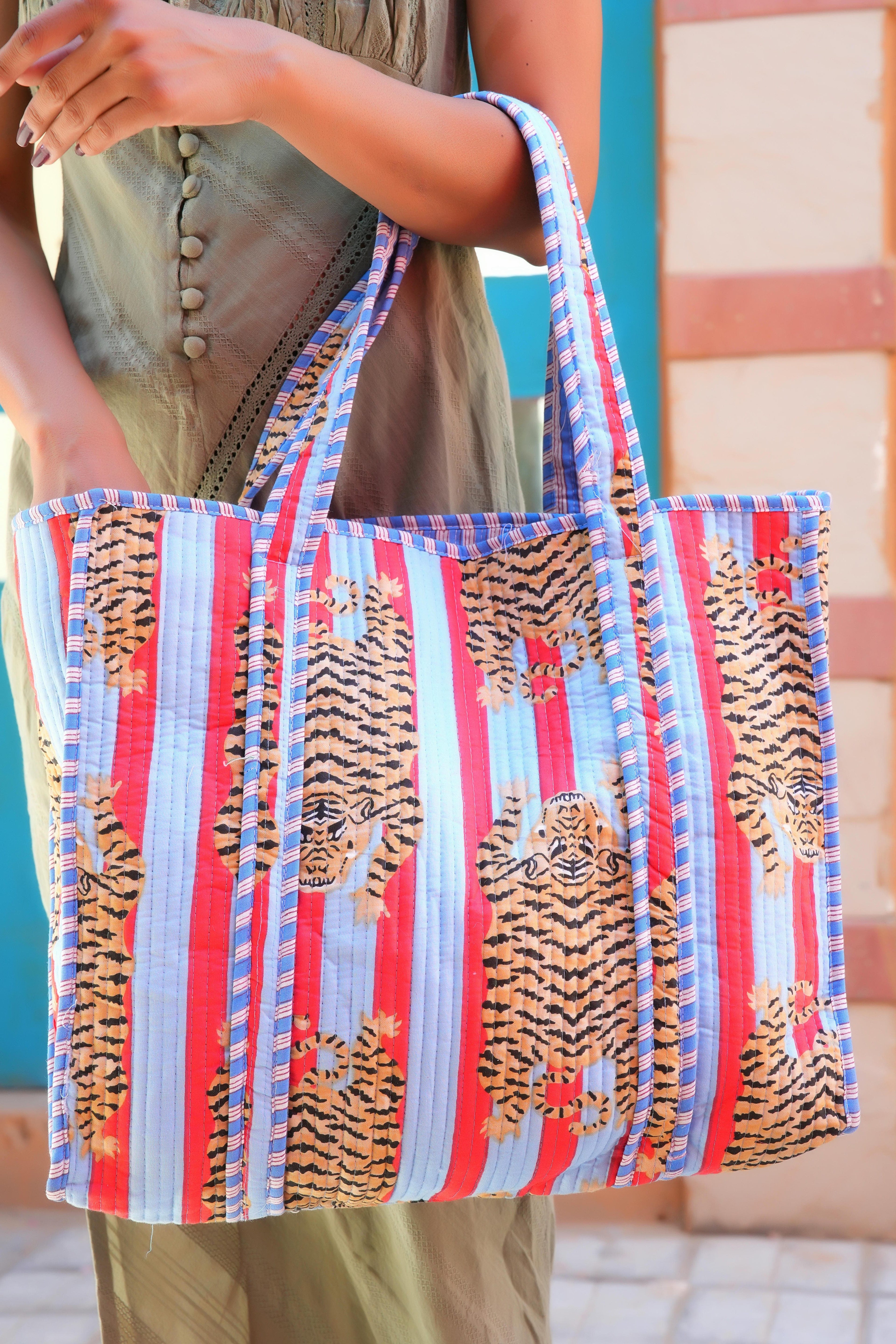 The Tibetan Tiger Tote — handmade hand block printed cotton tote bag, ethically made in Rajasthan, India