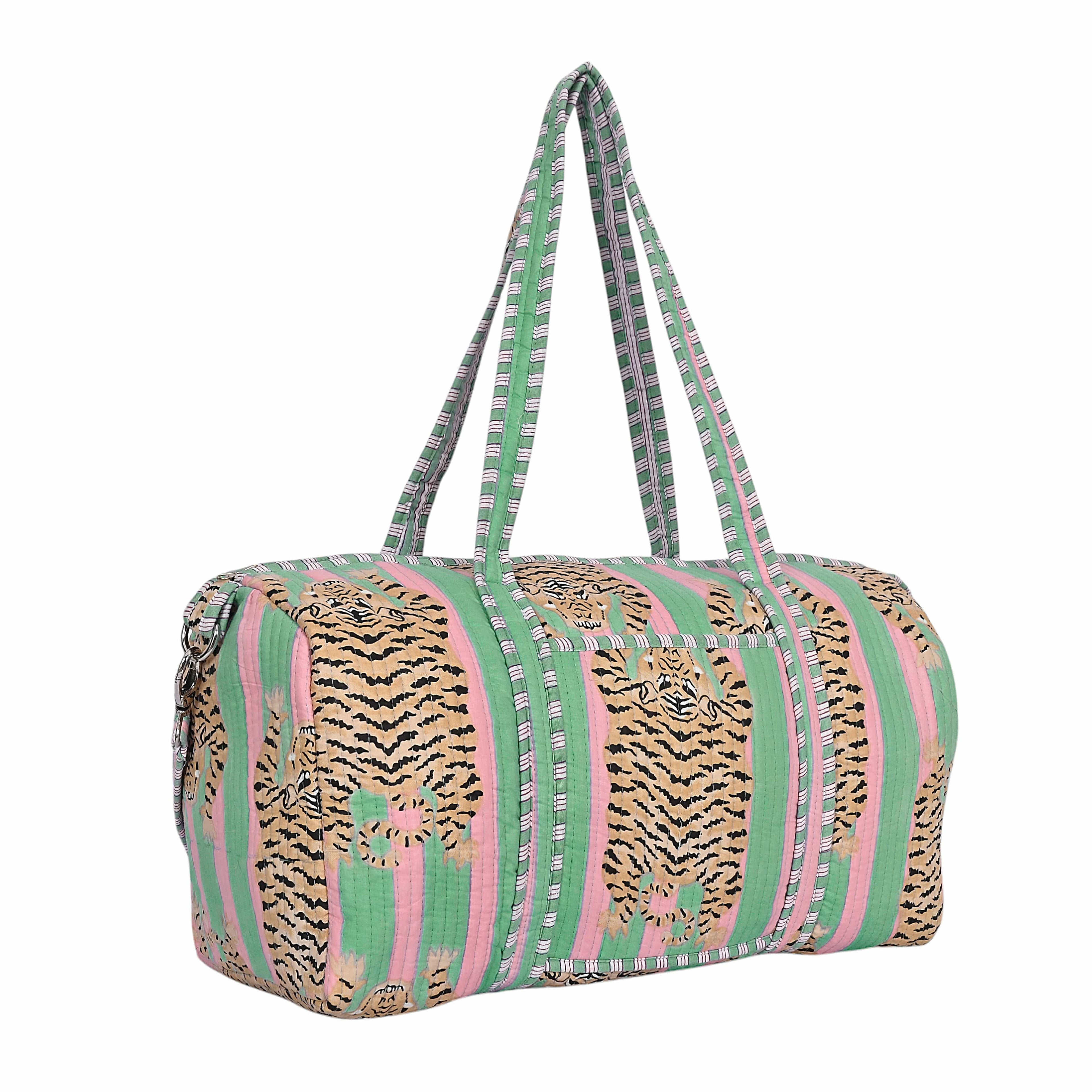 The Tibetan Tiger Weekender — handmade hand block printed cotton weekender bag, ethically made in Rajasthan, India