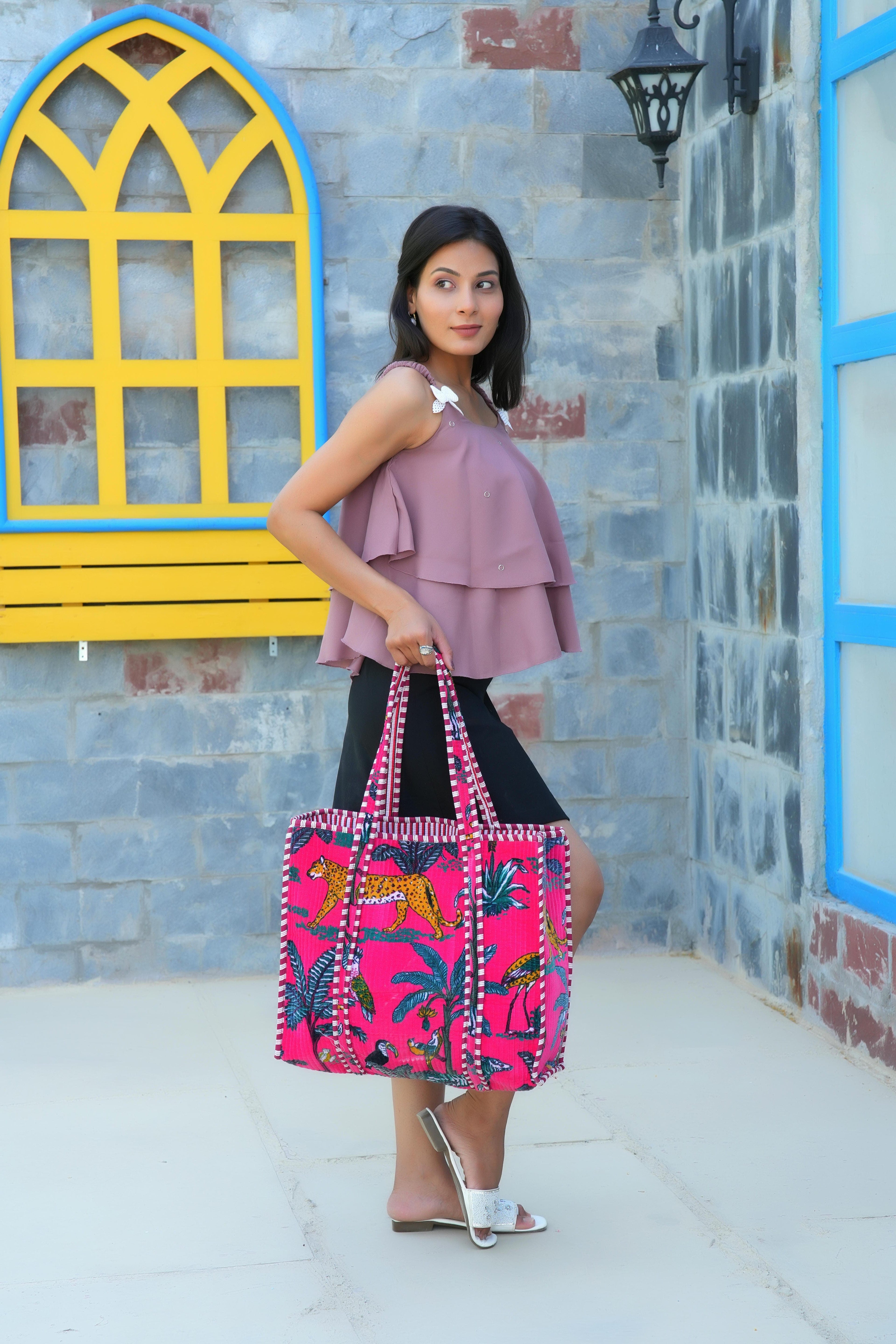 The Jungle Tote in Velvet — handmade quilted velvet tote bag, ethically made in Rajasthan, India