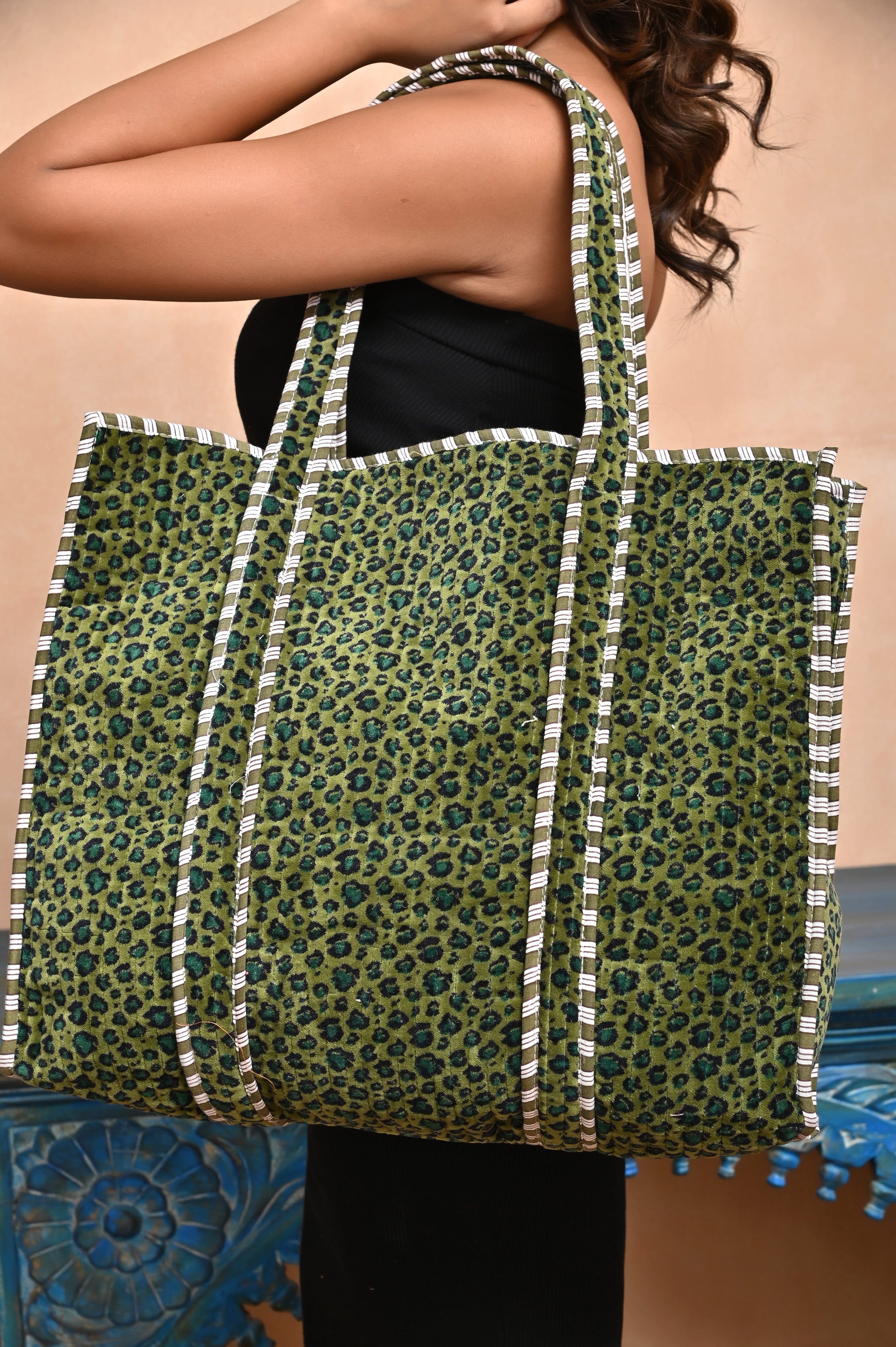 The Velvet Leopard Tote — handmade quilted velvet tote bag, ethically made in Rajasthan, India
