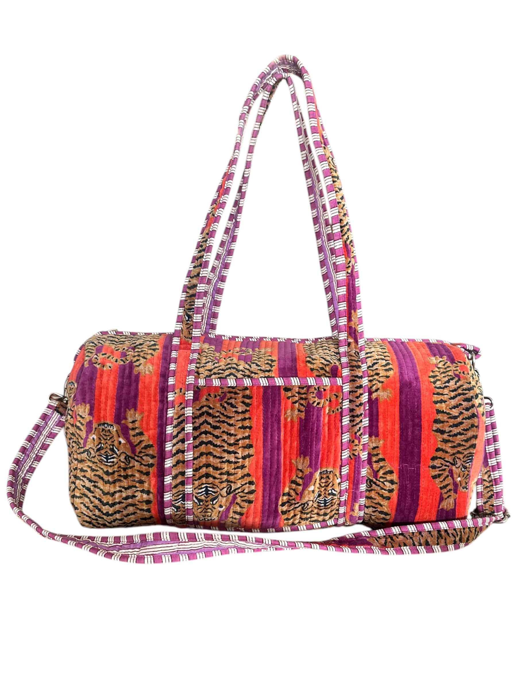 The Tibetan Tiger Velvet Weekender — handmade quilted velvet weekender bag, ethically made in Rajasthan, India