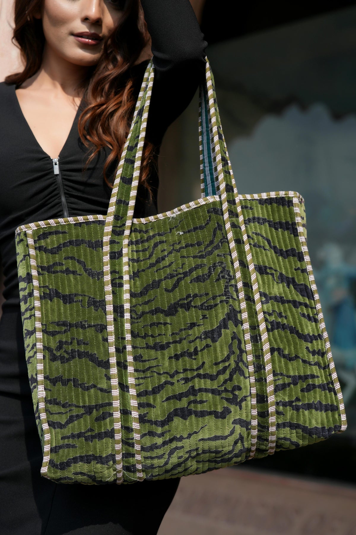 The Velvet Tiger Tote — plush cotton velvet tiger print tote bag, handmade in Rajasthan, Conscious Yoga Collective