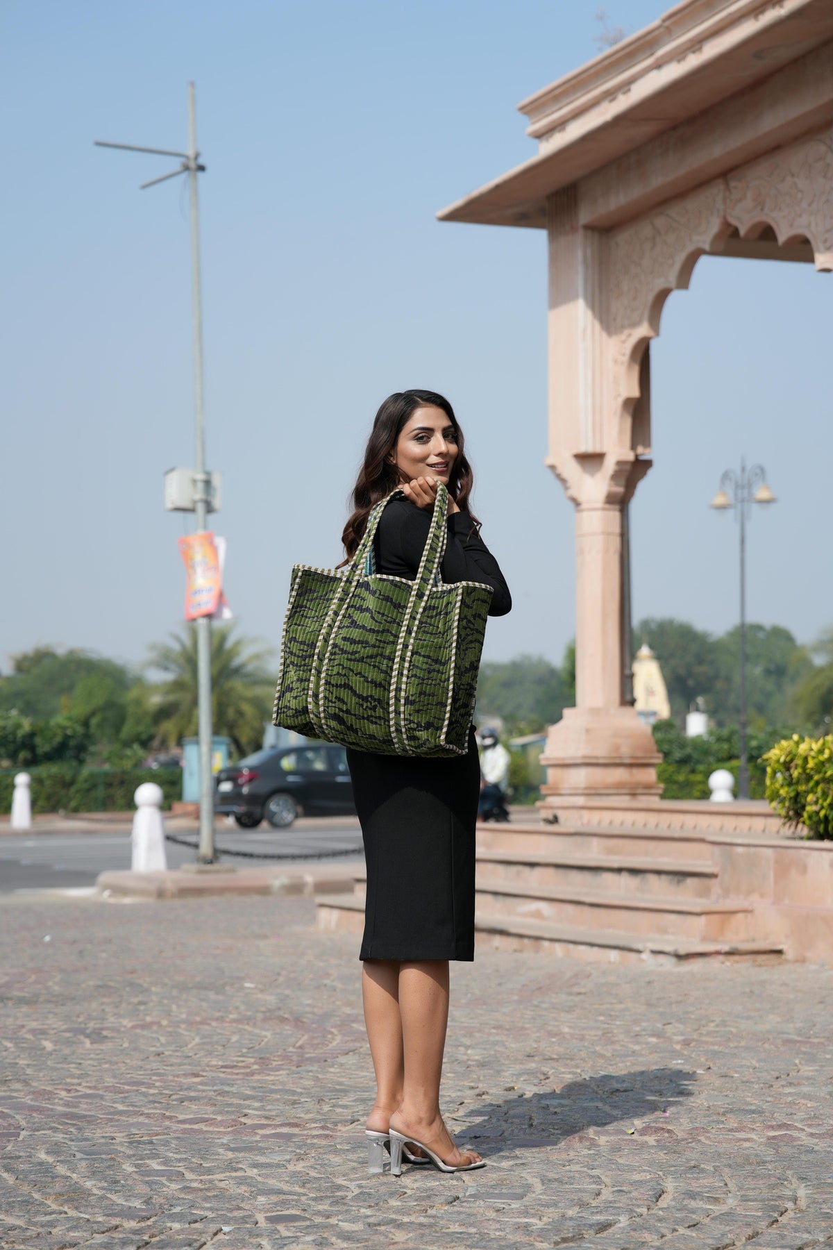 The Velvet Tiger Tote — plush cotton velvet tiger print tote bag, handmade in Rajasthan, Conscious Yoga Collective