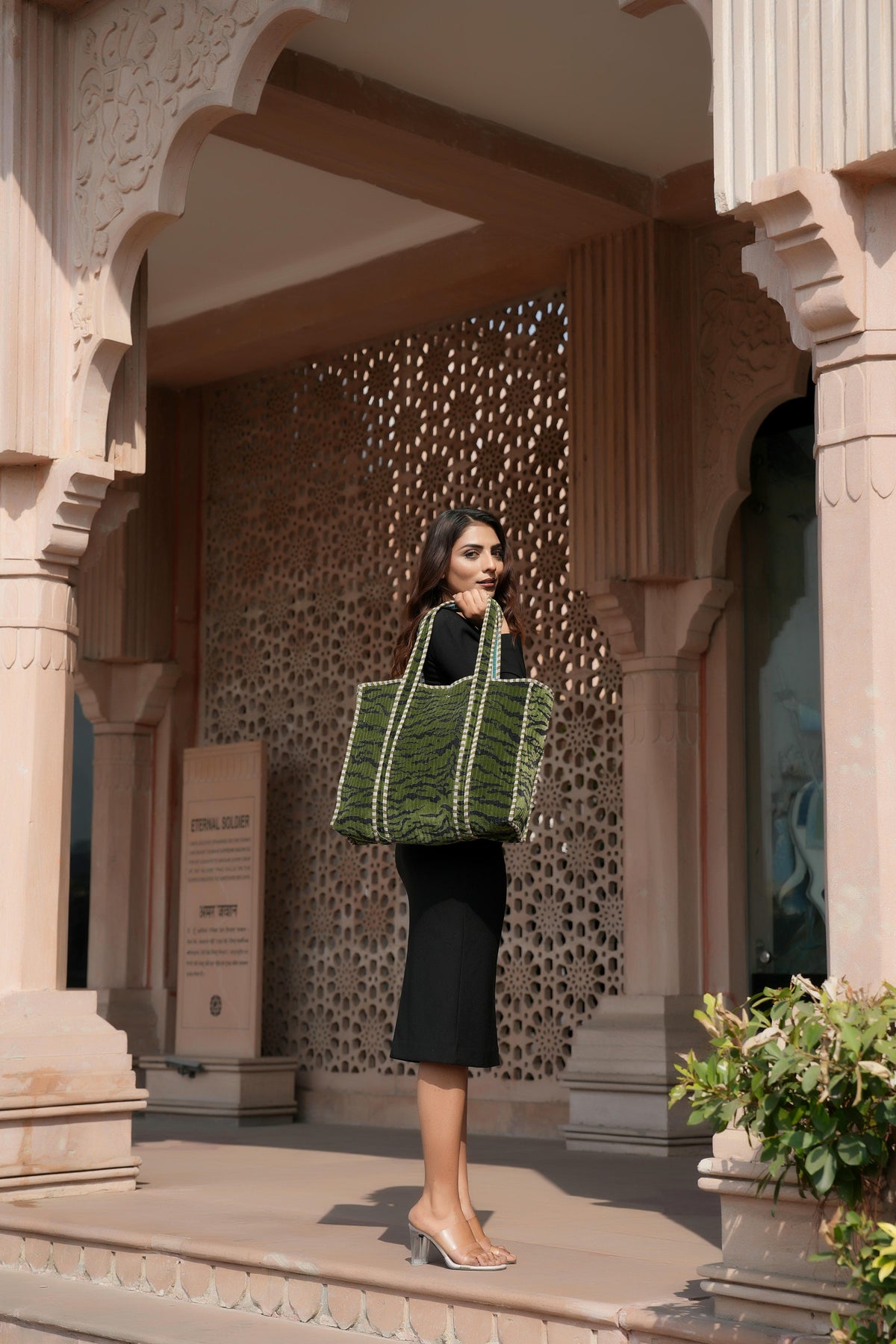 The Velvet Tiger Tote — plush cotton velvet tiger print tote bag, handmade in Rajasthan, Conscious Yoga Collective