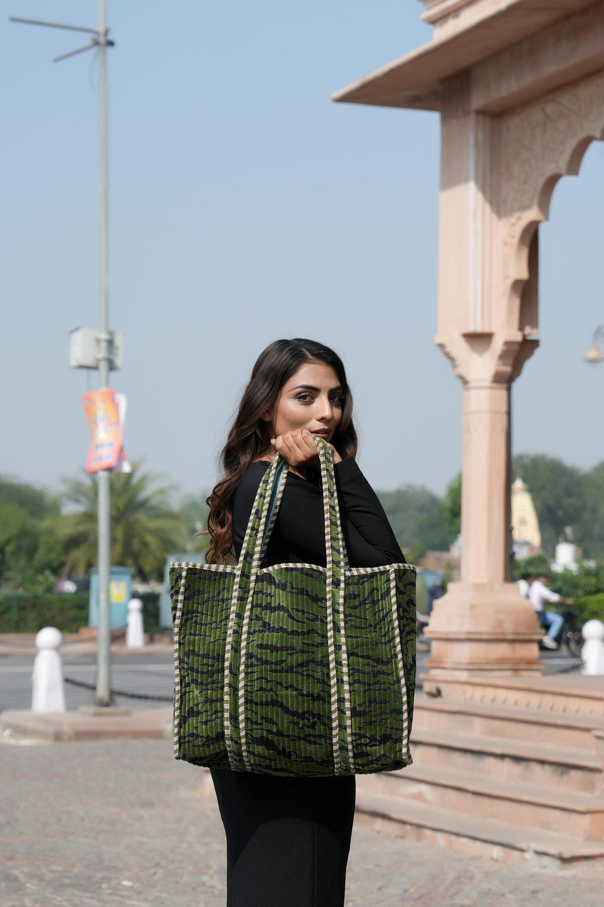 The Velvet Tiger Tote — plush cotton velvet tiger print tote bag, handmade in Rajasthan, Conscious Yoga Collective