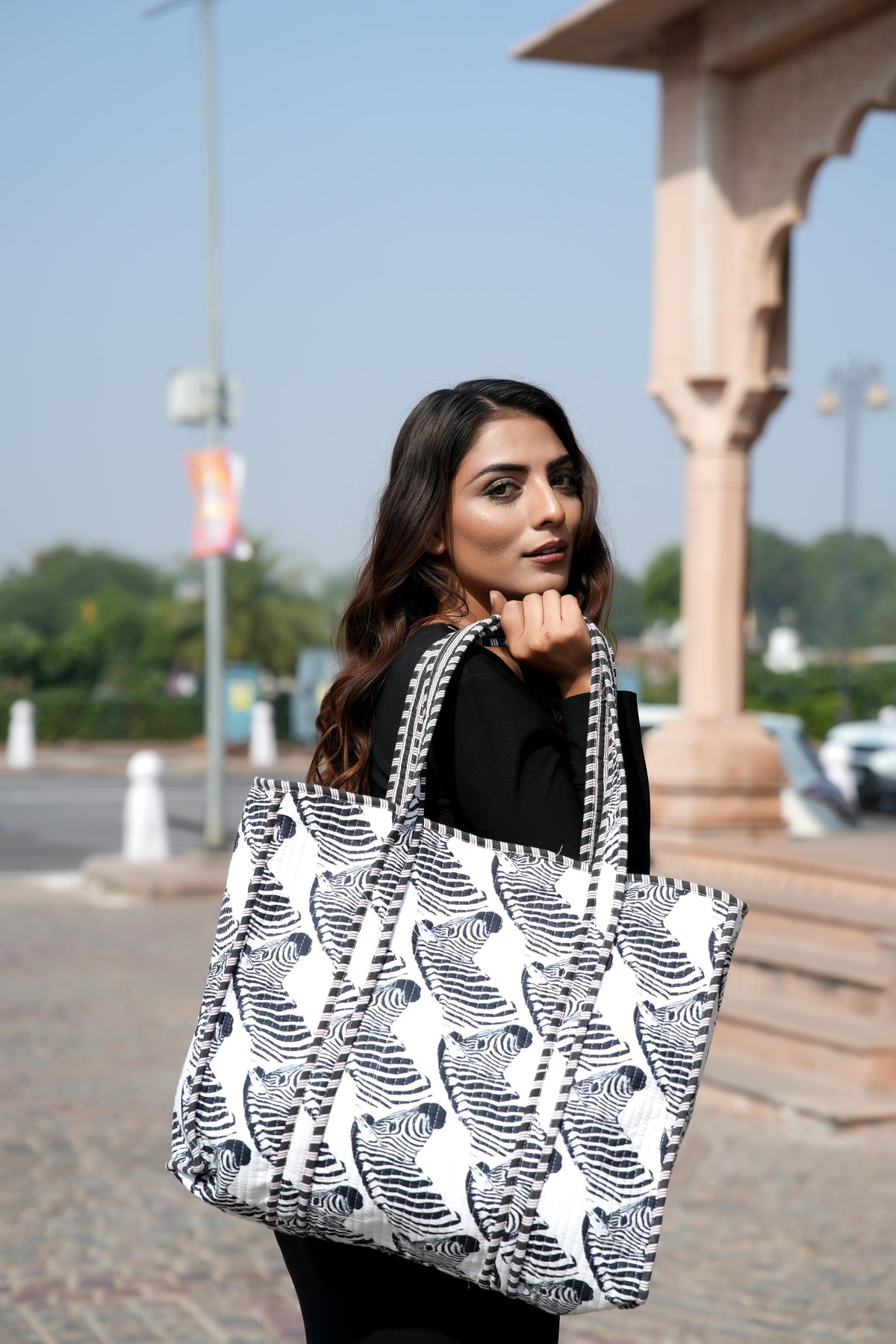 The Zebra Tote — handmade cotton zebra print tote bag, hand-block-printed in Rajasthan, Conscious Yoga Collective