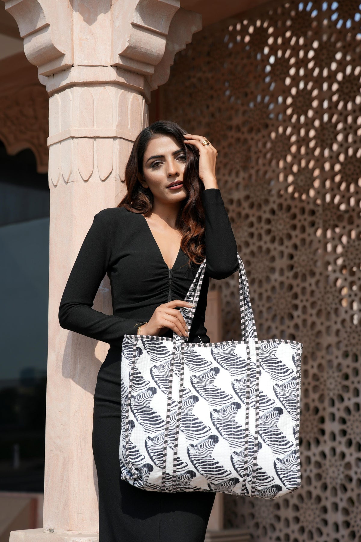 The Zebra Tote — handmade cotton zebra print tote bag, hand-block-printed in Rajasthan, Conscious Yoga Collective
