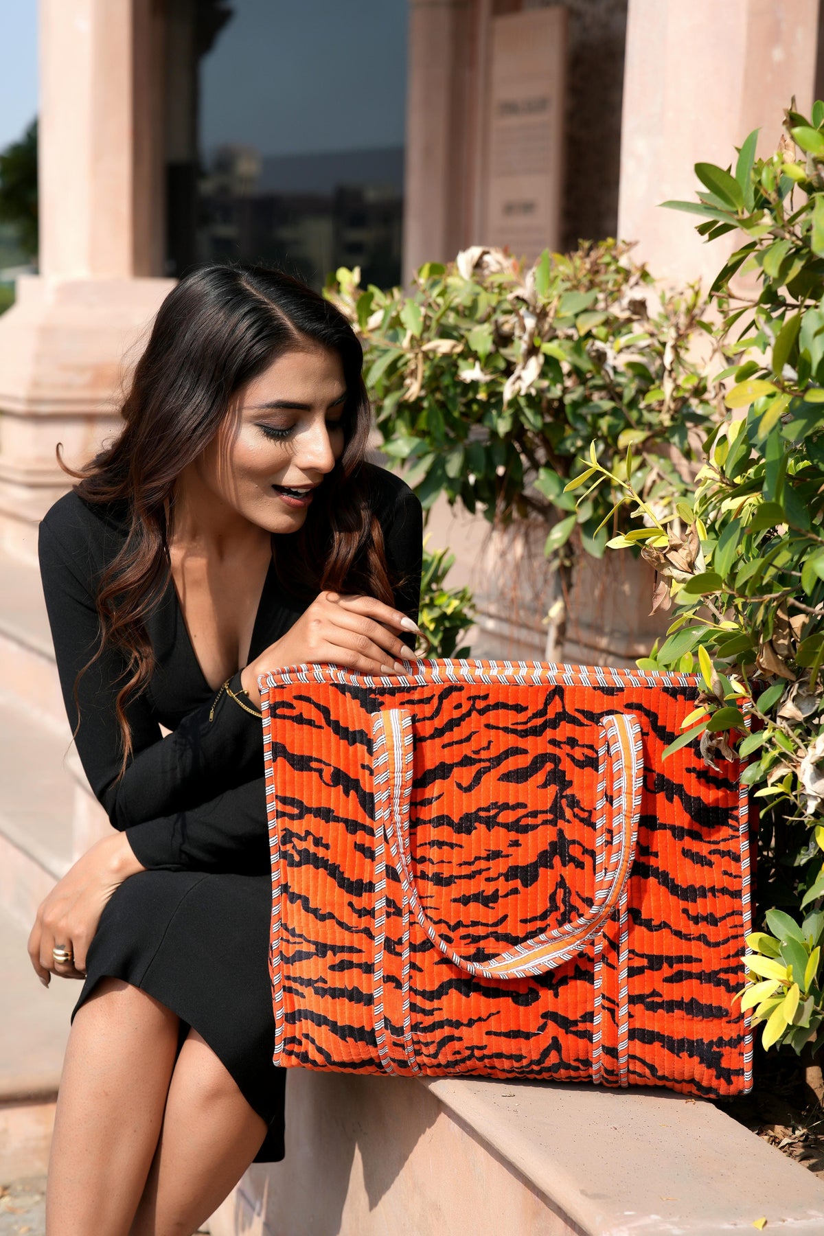 The Velvet Tiger Tote — plush cotton velvet tiger print tote bag, handmade in Rajasthan, Conscious Yoga Collective