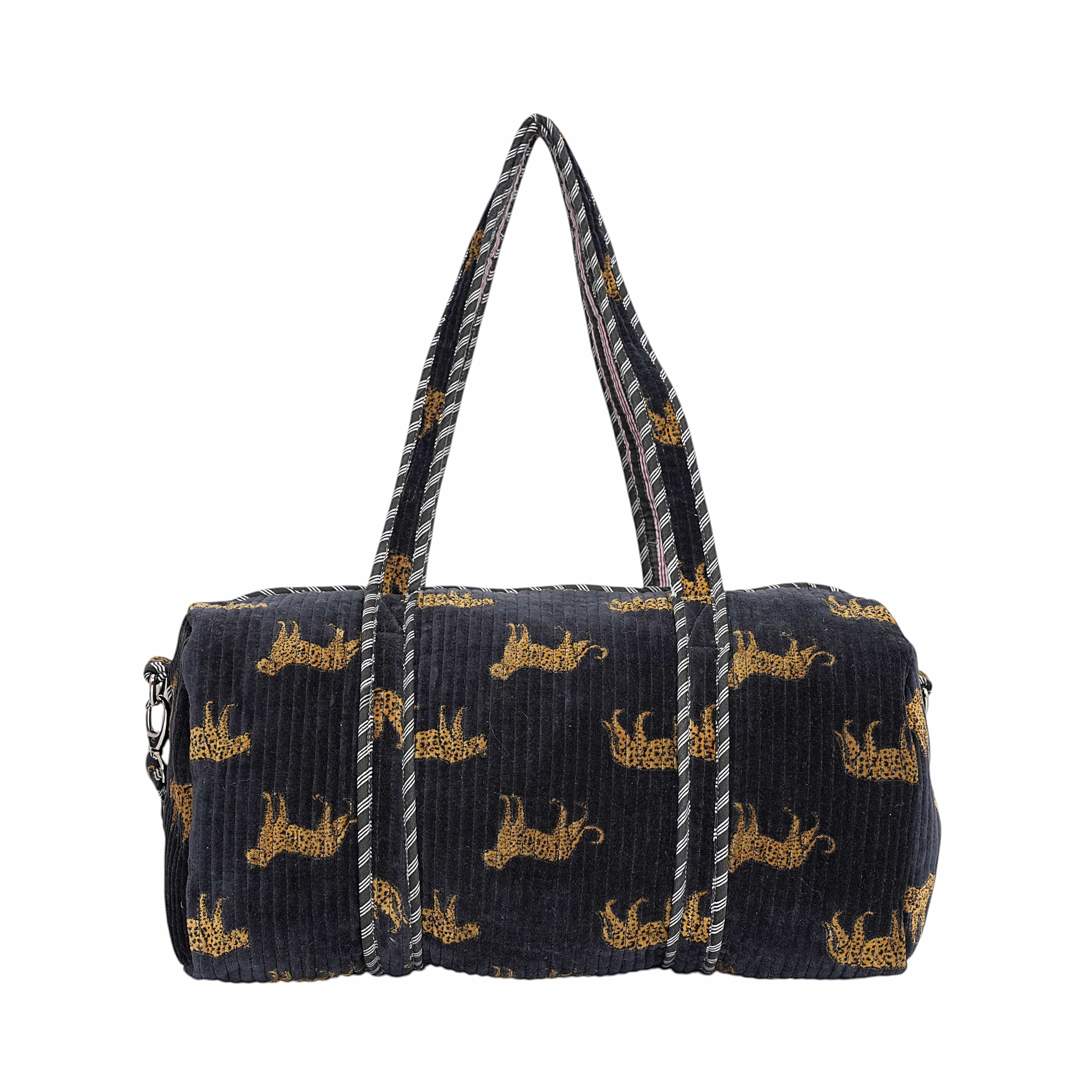 Cheetah Velvet Weekender — handmade quilted velvet weekender bag, ethically made in Rajasthan, India