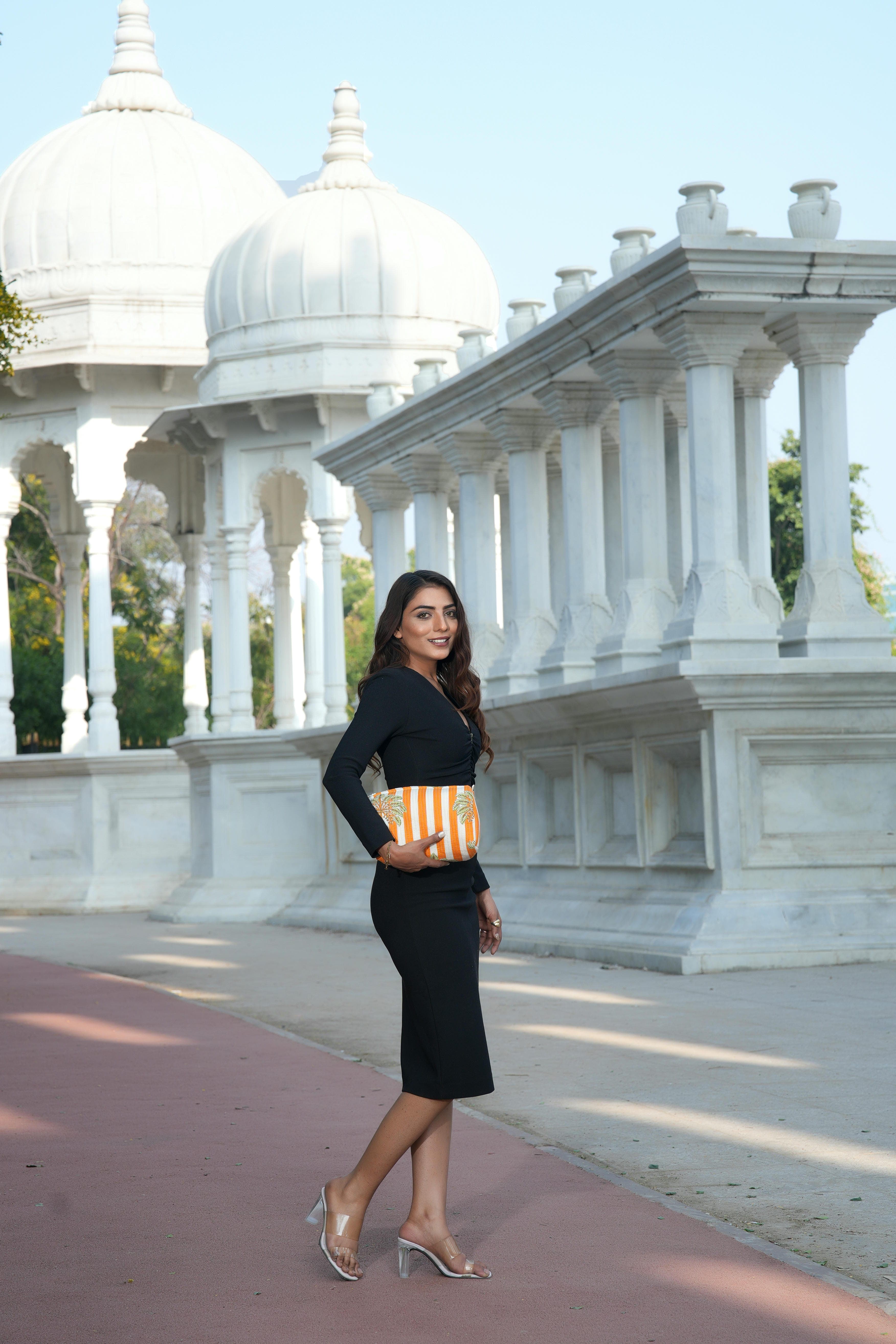 The Palm Tree Tote in Orange — handmade hand-block-printed cotton tote bag with tropical palm print, ethically made in Rajasthan, India