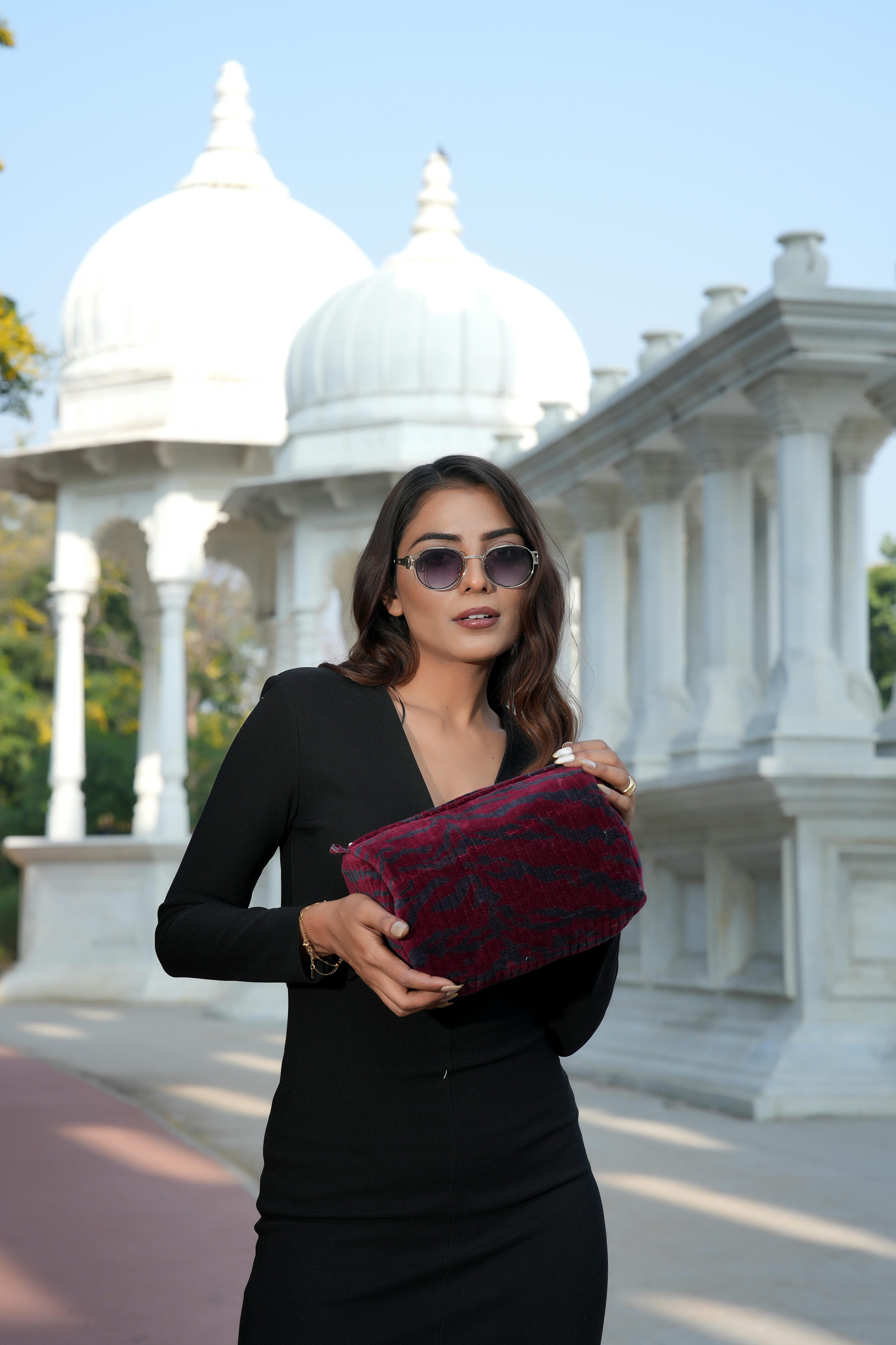 The Velvet Tiger Three Piece Travel Set — handmade quilted velvet travel pouch set, ethically made in Rajasthan, India