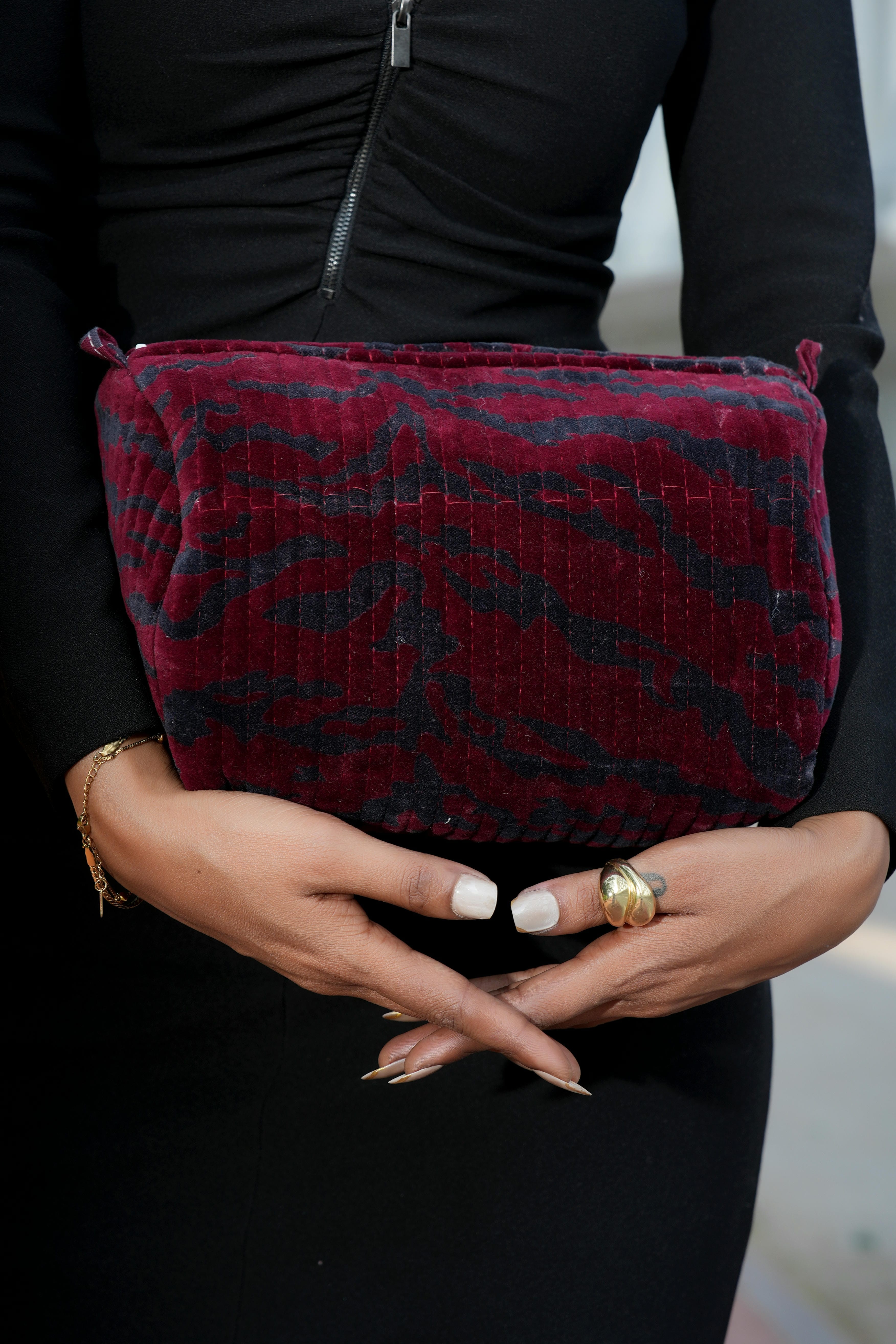 The Velvet Tiger Three Piece Travel Set — handmade quilted velvet travel pouch set, ethically made in Rajasthan, India