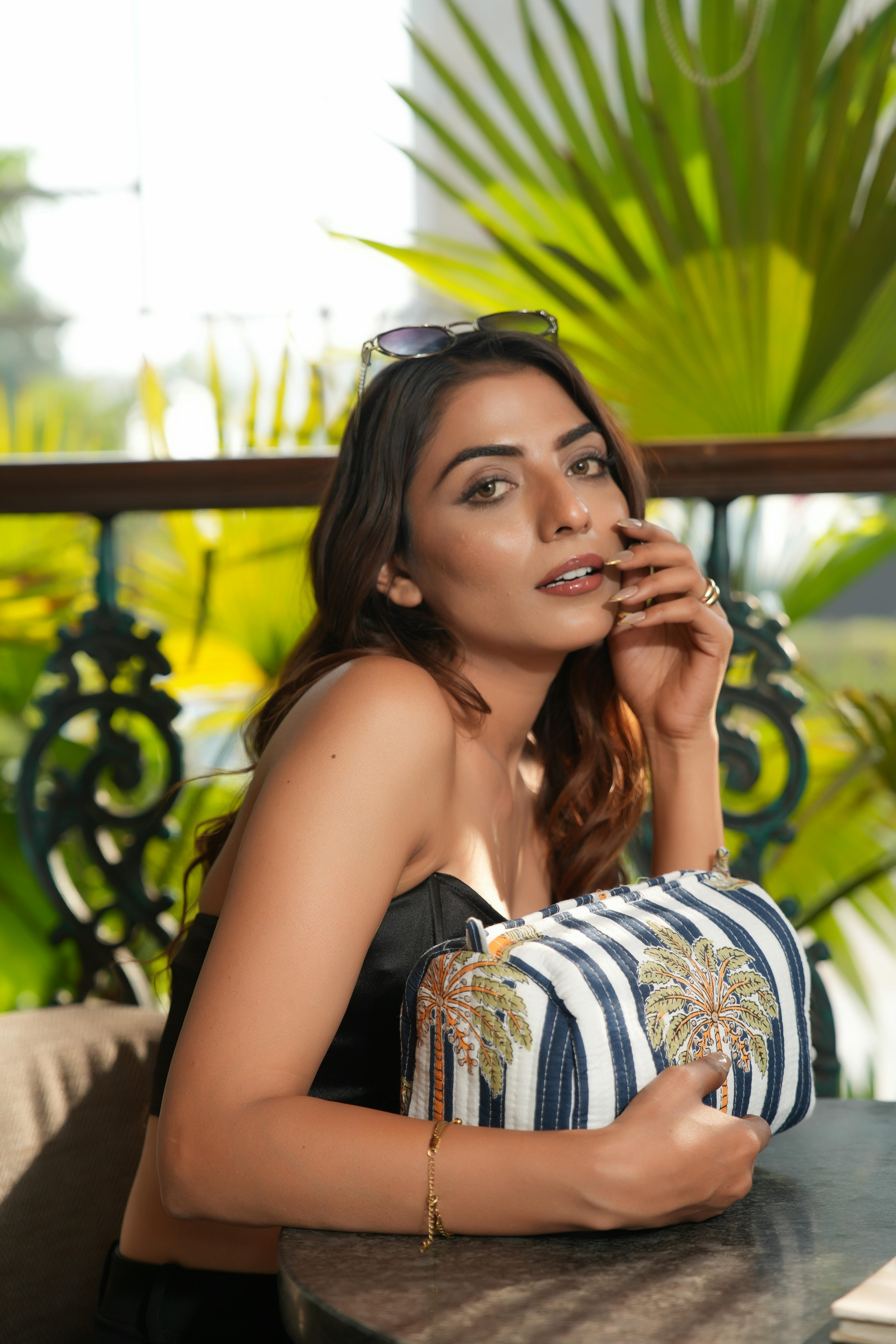 The Palm Tree Travel Set in Navy — handmade hand-block-printed cotton travel pouch set with tropical palm print, ethically made in Rajasthan, India