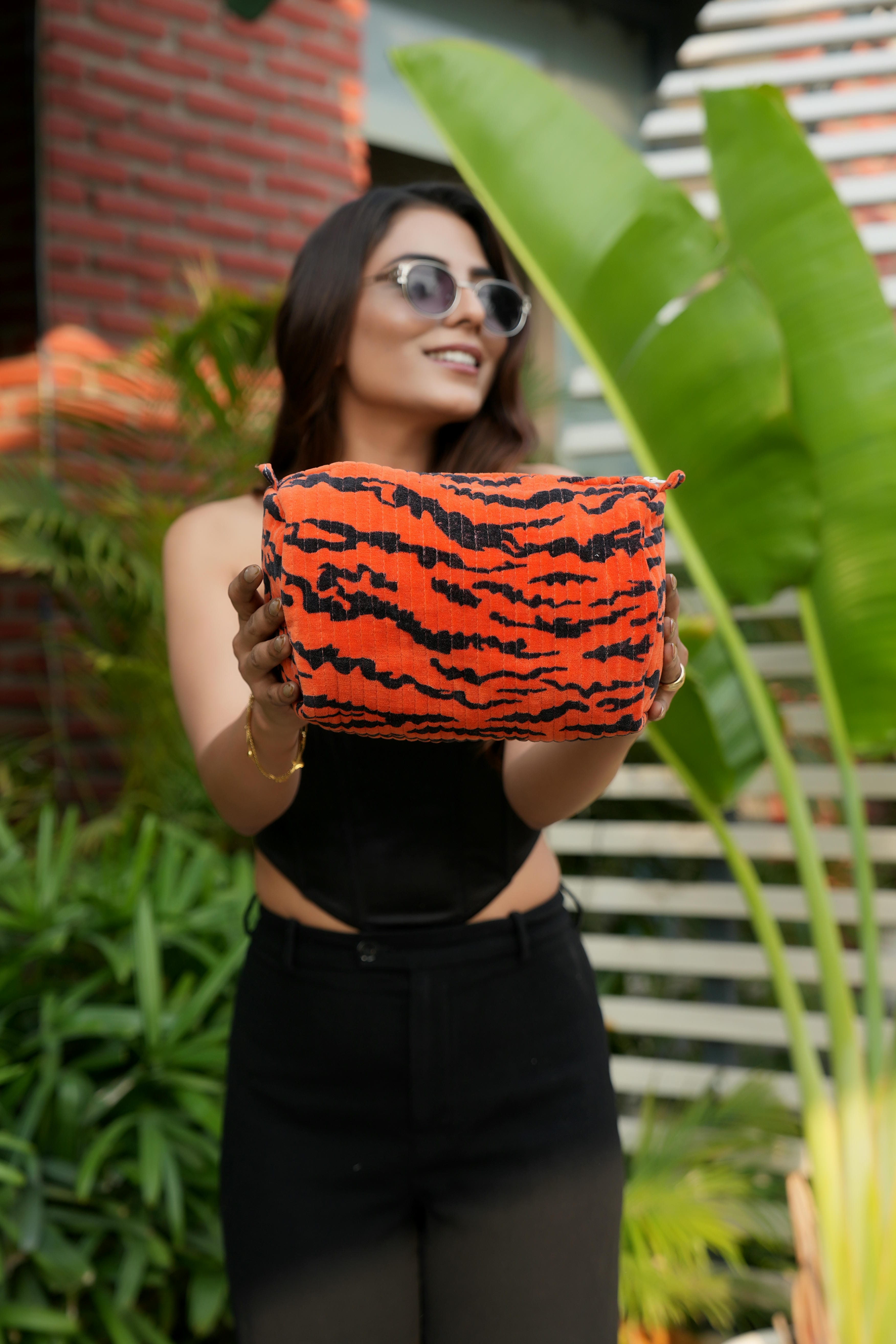 The Velvet Tiger Three Piece Travel Set — handmade, ethically made velvet travel pouch set with tiger motif, made by makers in Rajasthan, India.