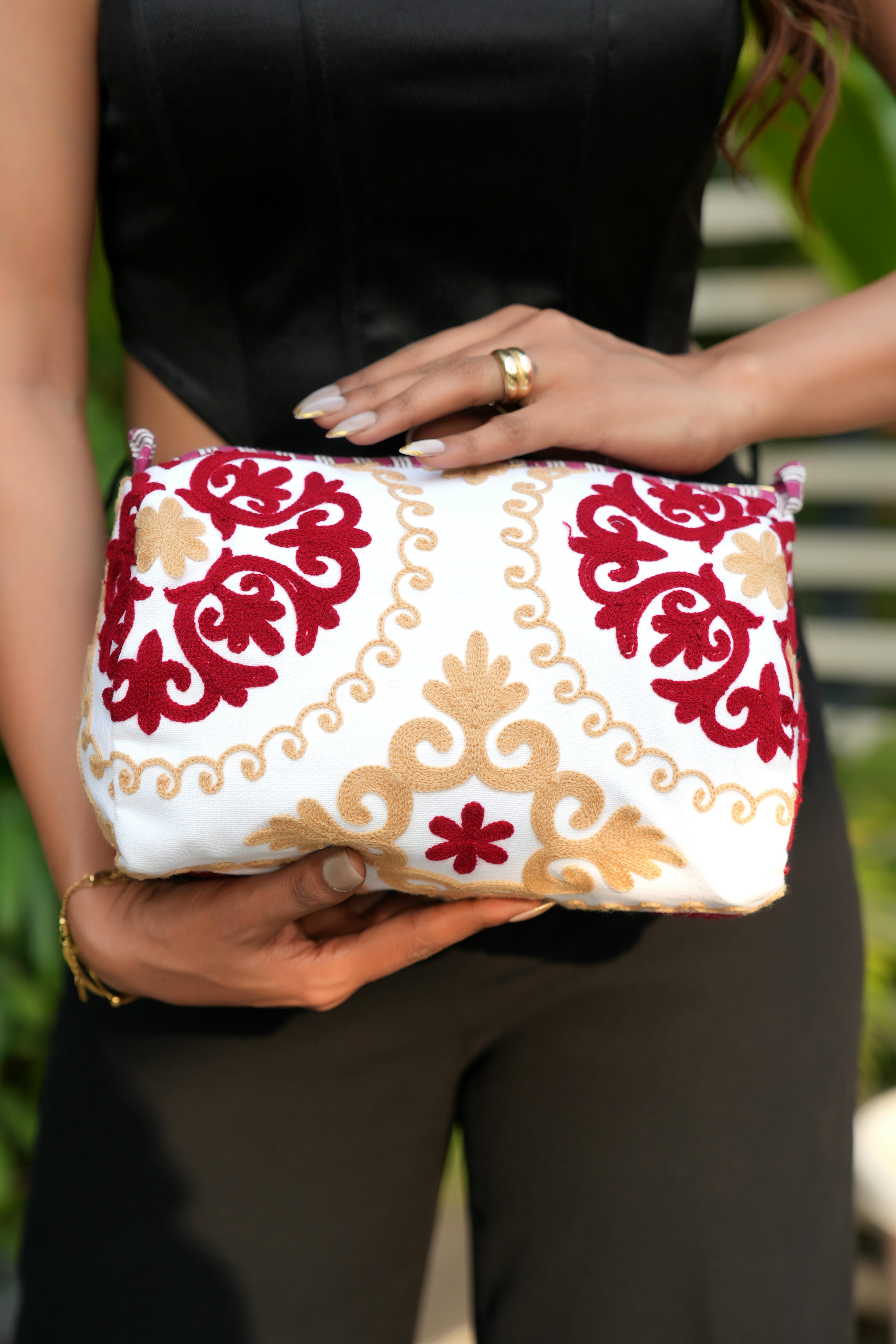 The Suzani Three Piece Travel Set — handmade, ethically made cotton travel pouch set in heritage Suzani print, hand-block-printed by makers in Rajasthan, India.
