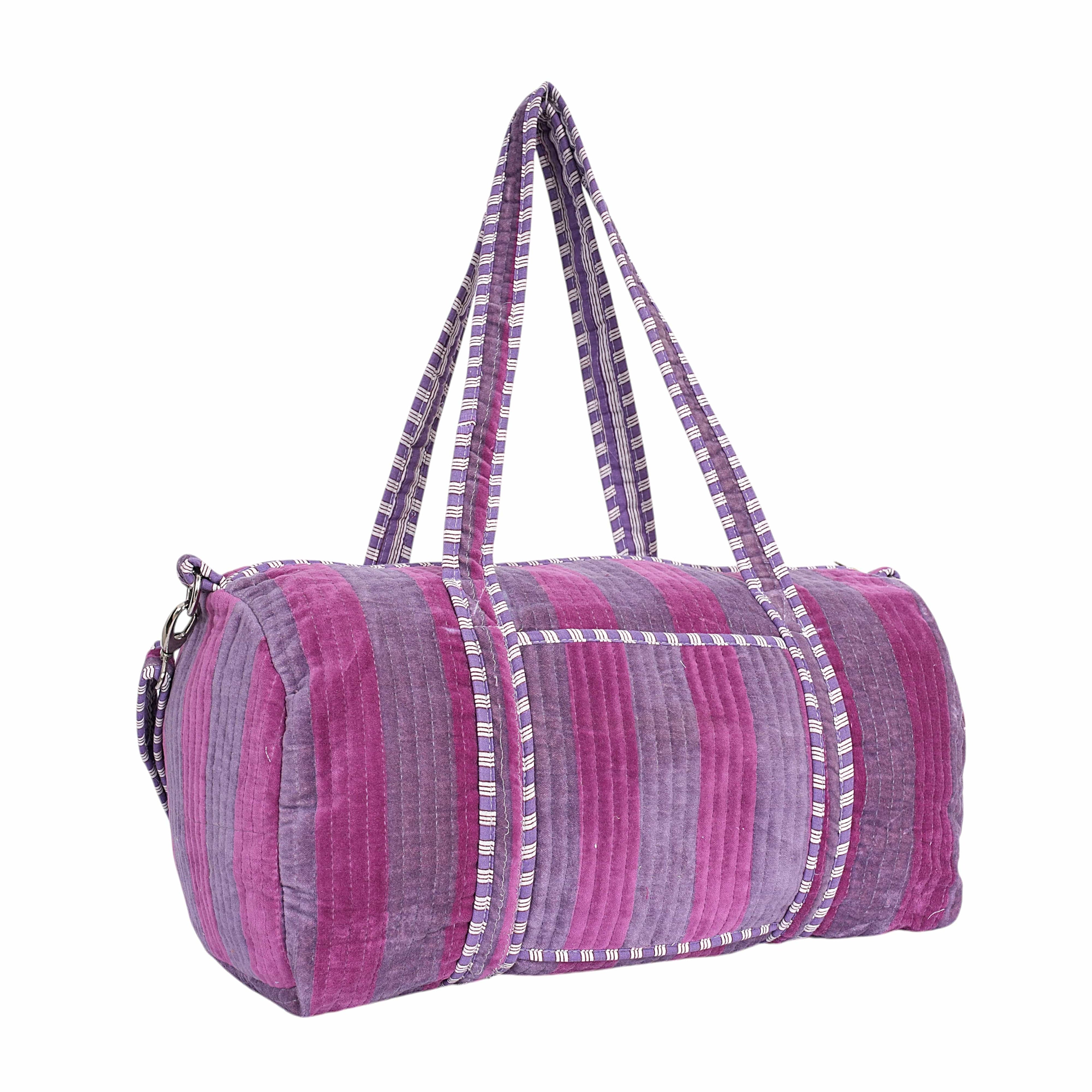 The Striped Velvet Weekender — handmade quilted velvet weekender bag, ethically made in Rajasthan, India