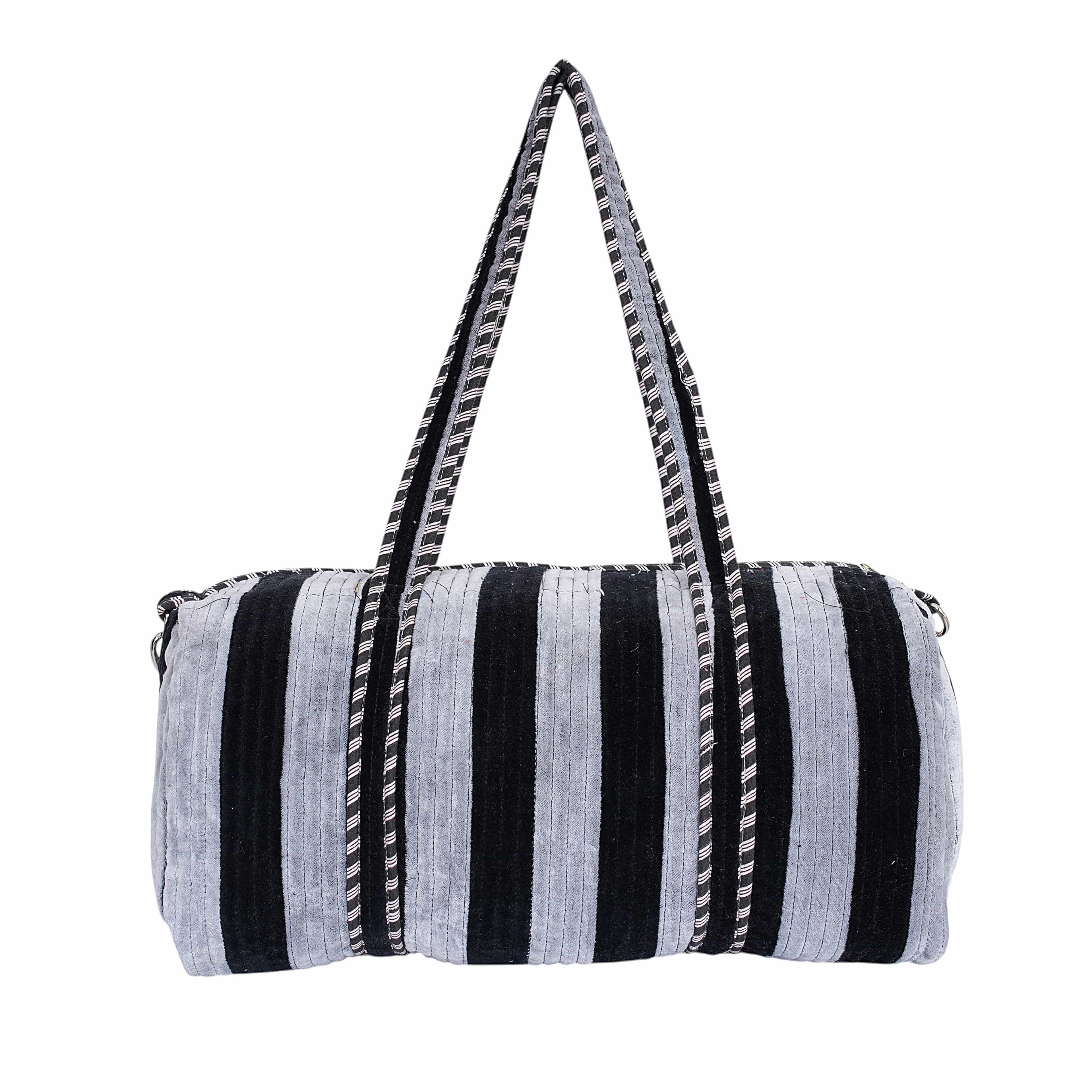 The Striped Velvet Weekender — handmade quilted velvet weekender bag, ethically made in Rajasthan, India