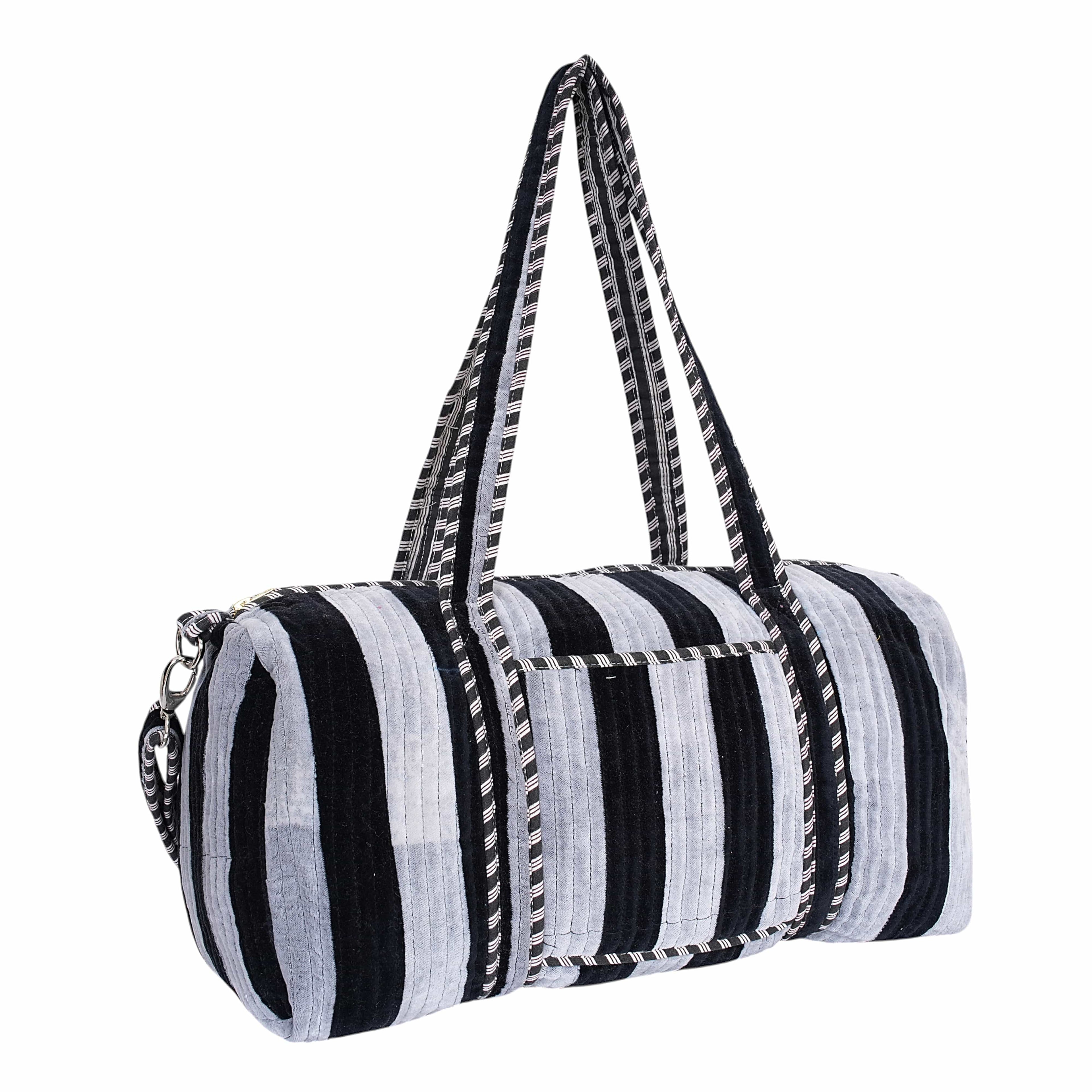The Striped Velvet Weekender — handmade quilted velvet weekender bag, ethically made in Rajasthan, India