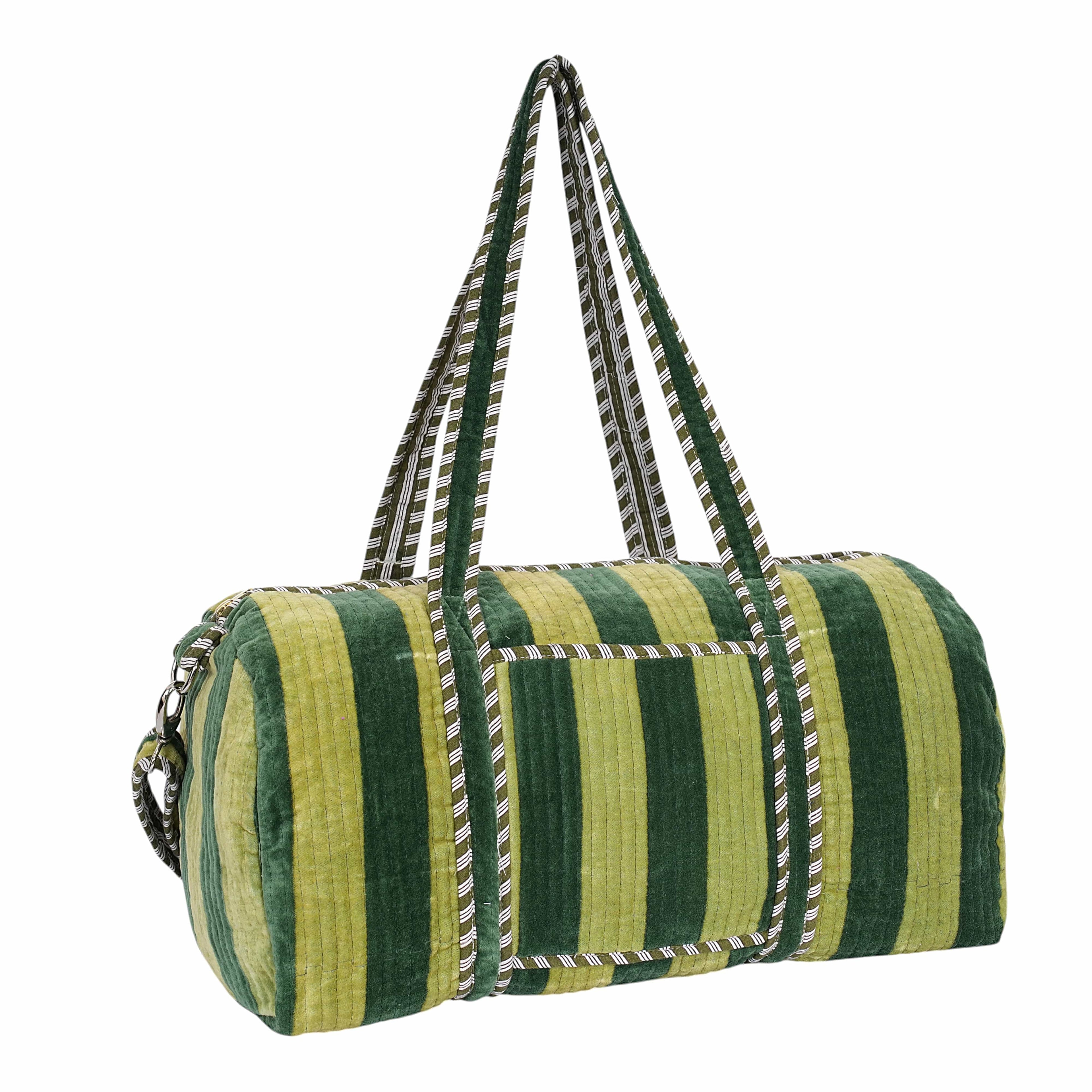 The Striped Velvet Weekender — handmade quilted velvet weekender bag, ethically made in Rajasthan, India