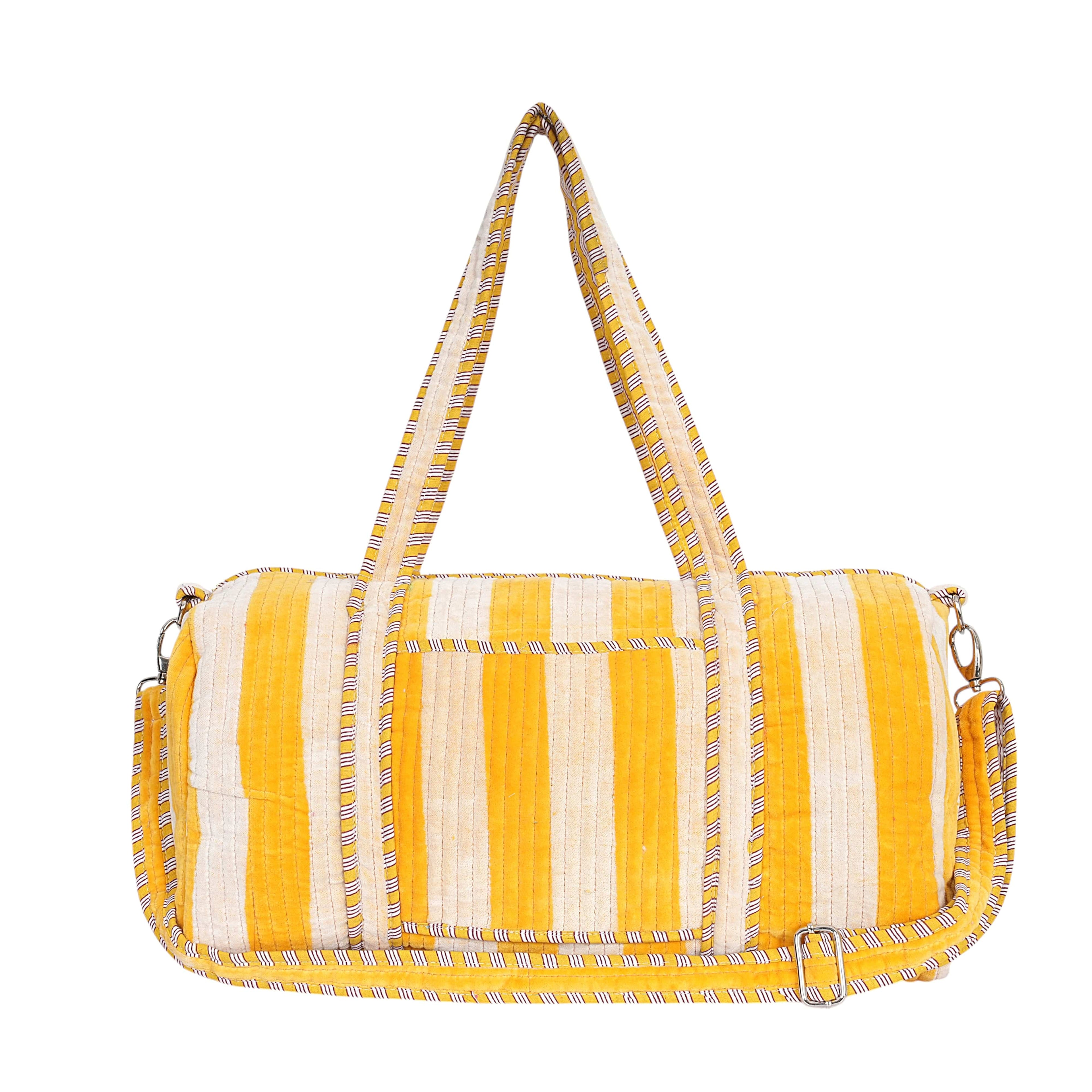 The Striped Velvet Weekender — handmade quilted velvet weekender bag, ethically made in Rajasthan, India