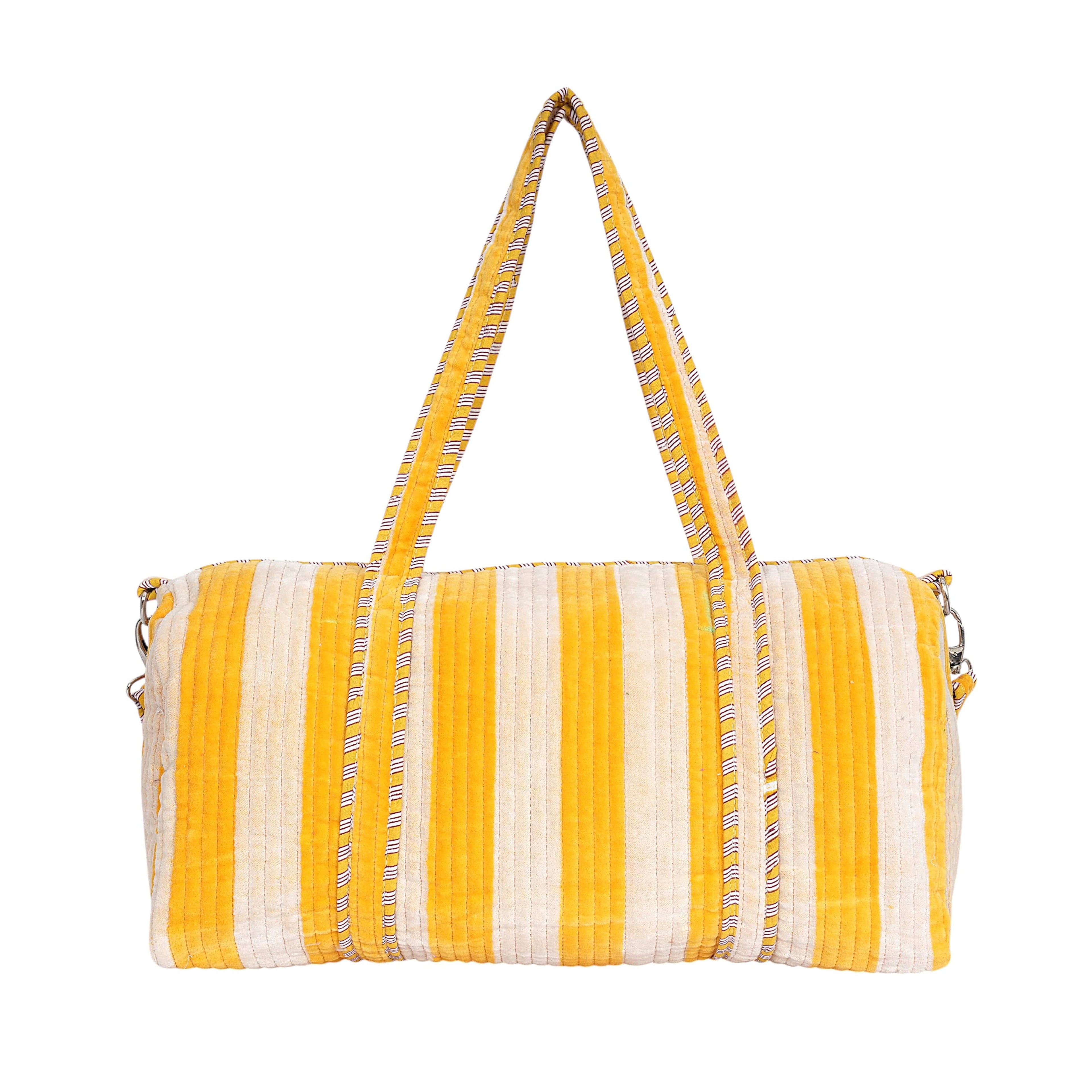 The Striped Velvet Weekender — handmade quilted velvet weekender bag, ethically made in Rajasthan, India
