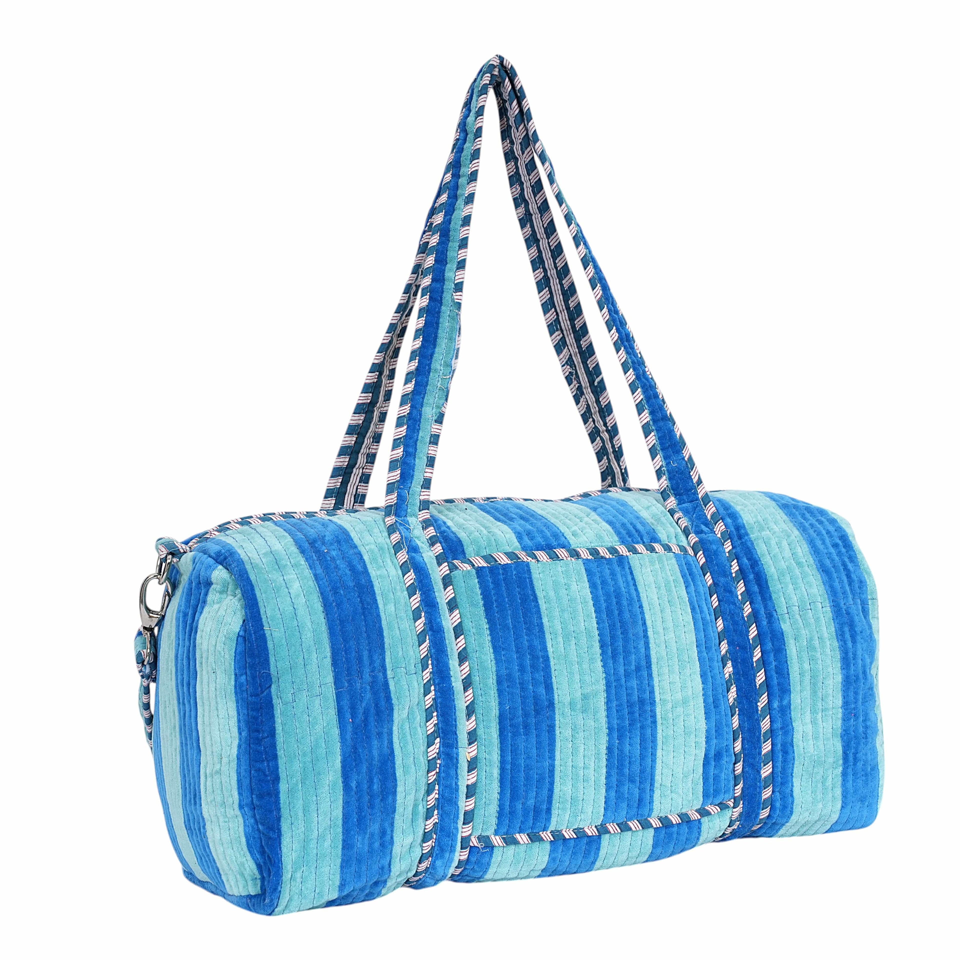 The Striped Velvet Weekender — handmade quilted velvet weekender bag, ethically made in Rajasthan, India