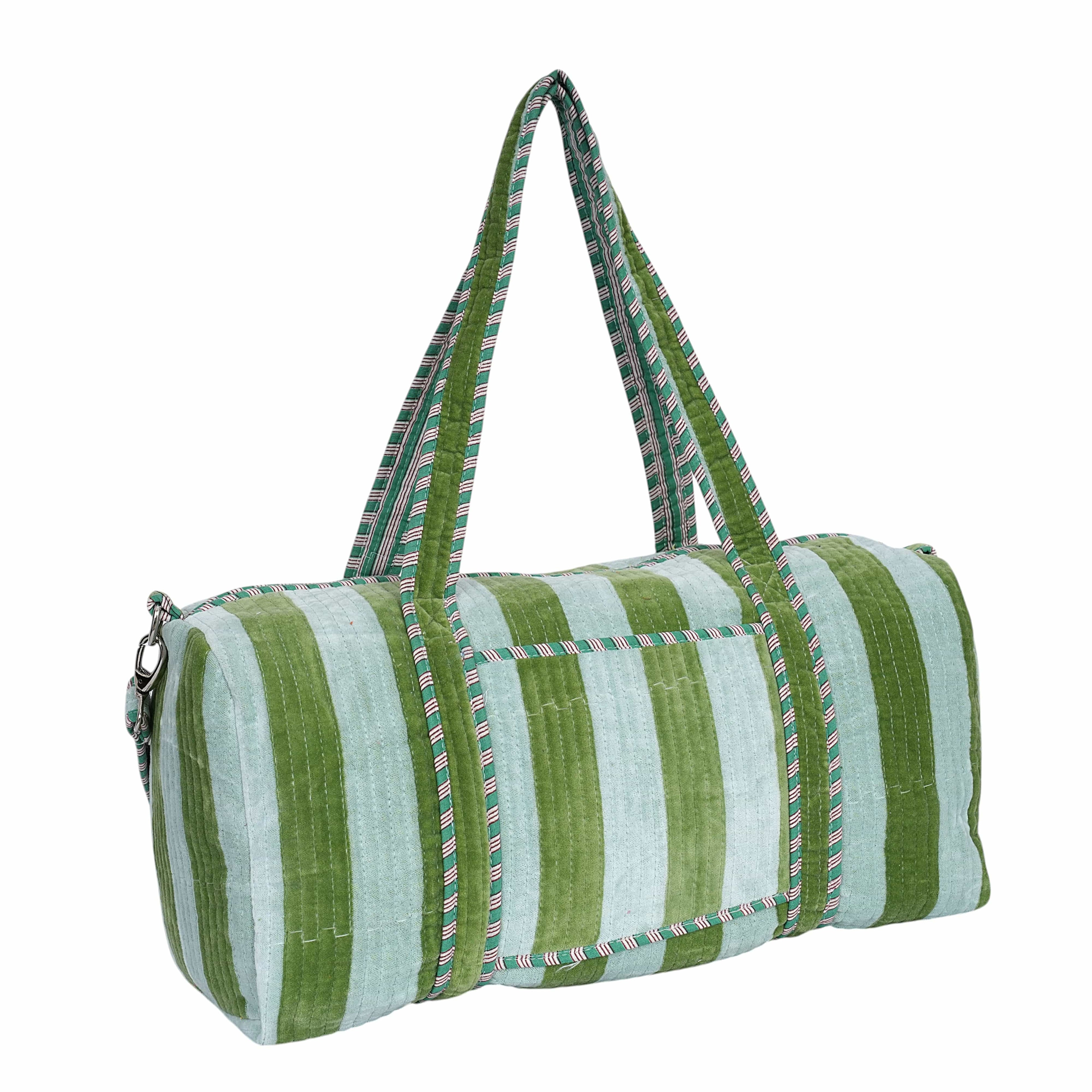 The Striped Velvet Weekender — handmade quilted velvet weekender bag, ethically made in Rajasthan, India