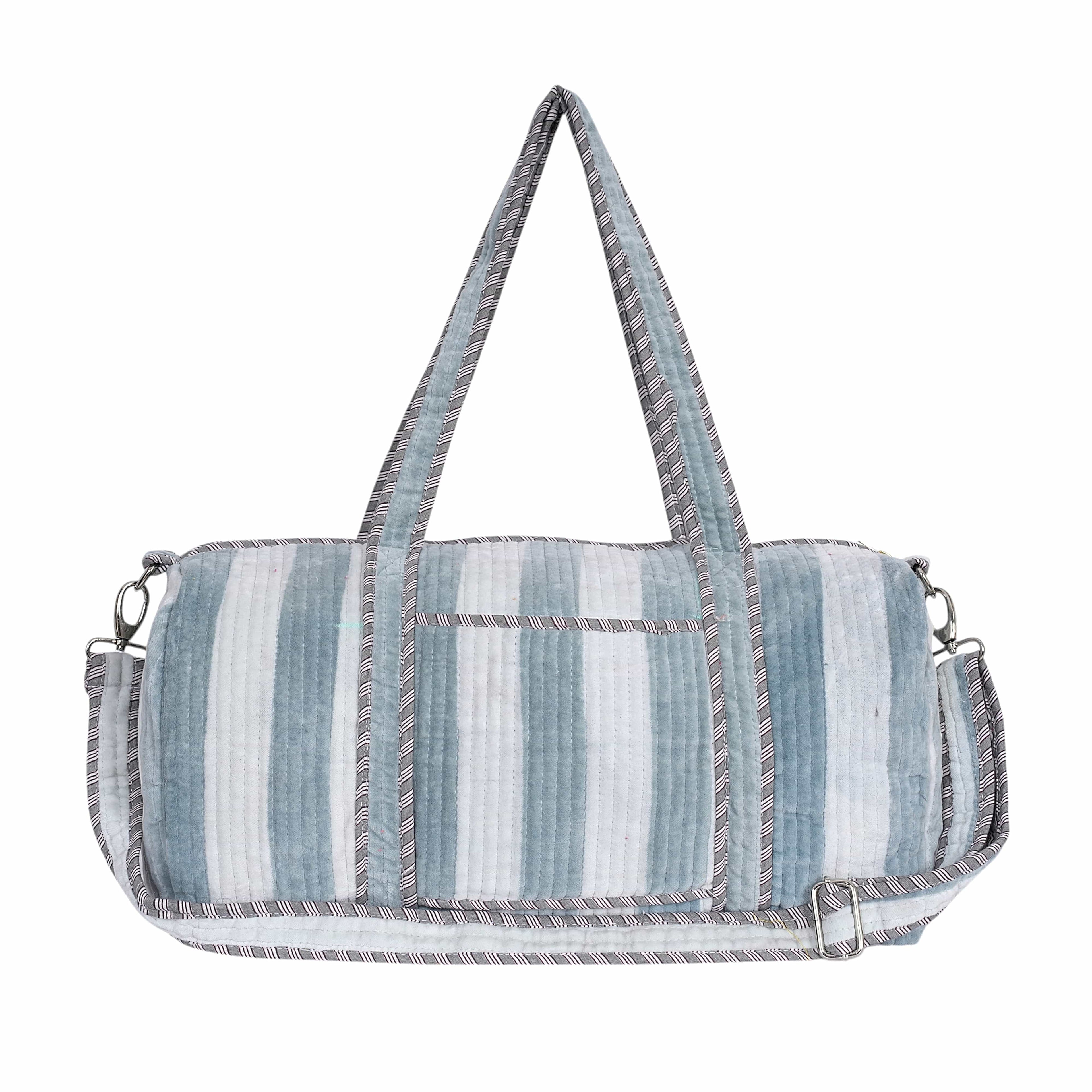 Front view of The Striped Velvet Weekender in deep jewel-toned cotton velvet with bold horizontal striping