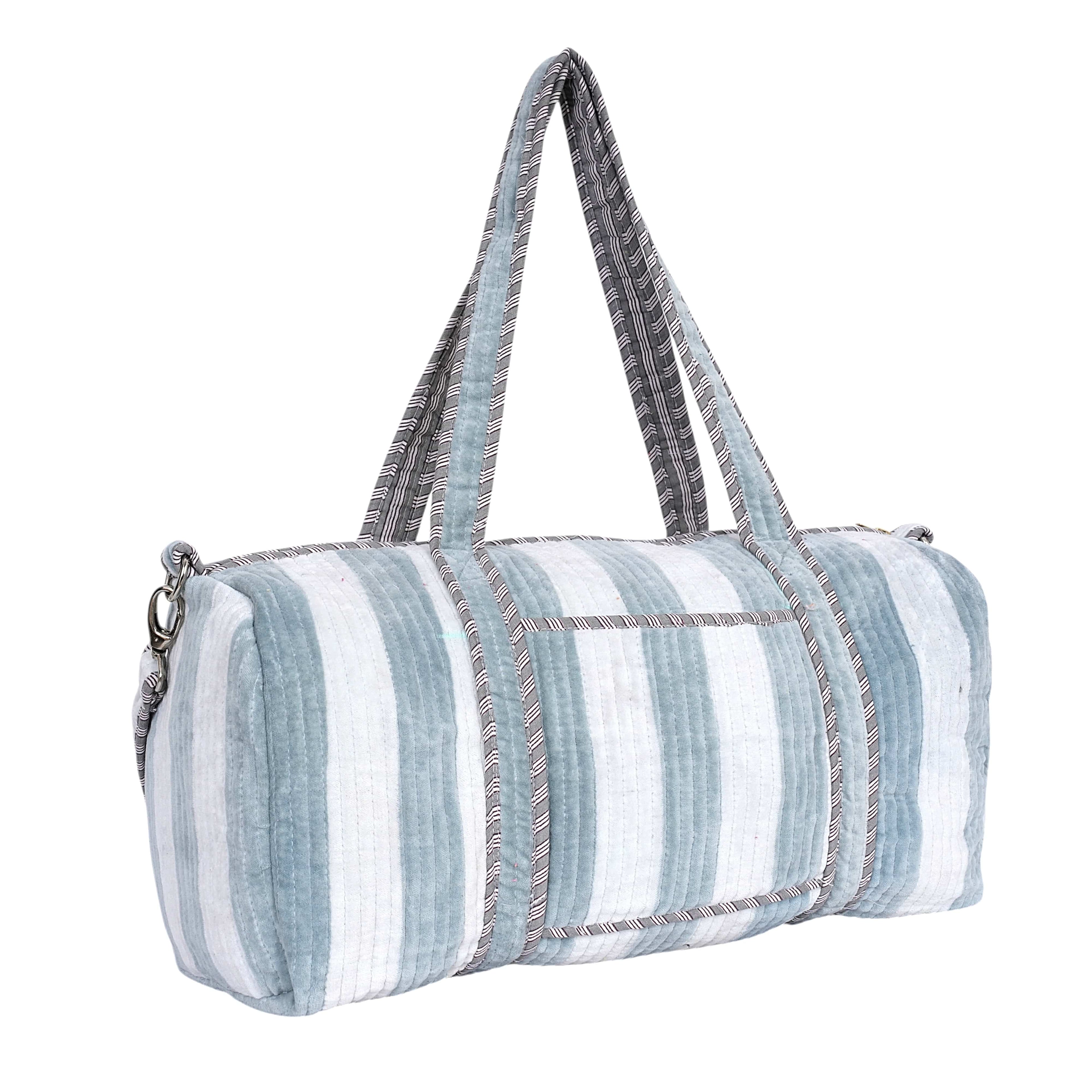 The Striped Velvet Weekender — handmade quilted velvet weekender bag, ethically made in Rajasthan, India