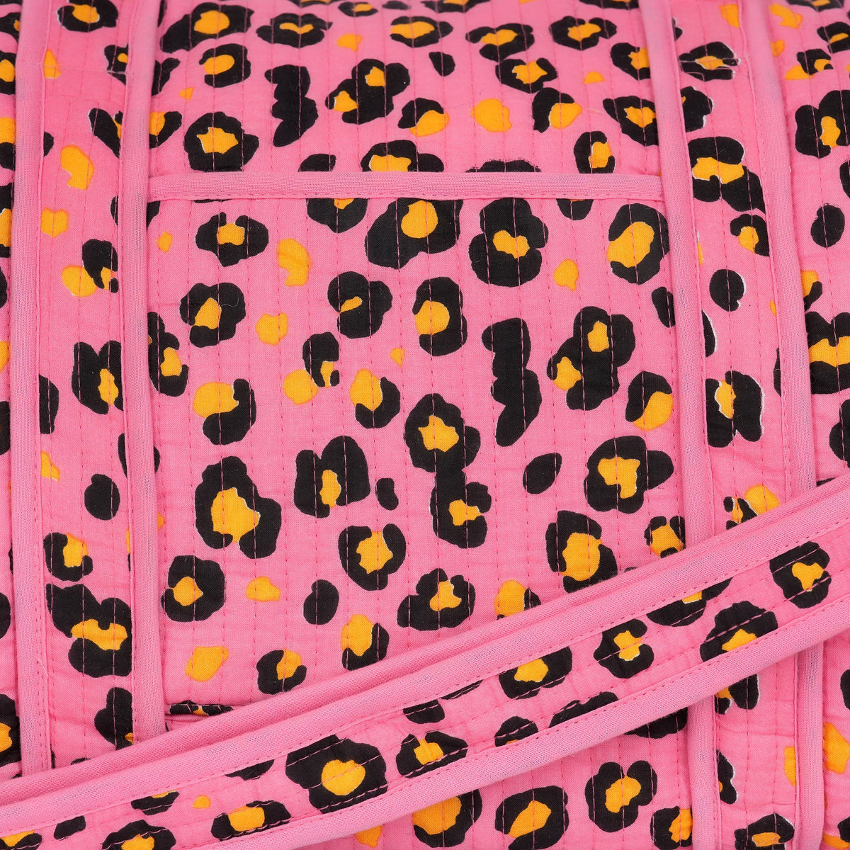 The Leopard Cotton Weekender — handmade cotton weekend bag with our signature leopard print, ethically made in Rajasthan, India