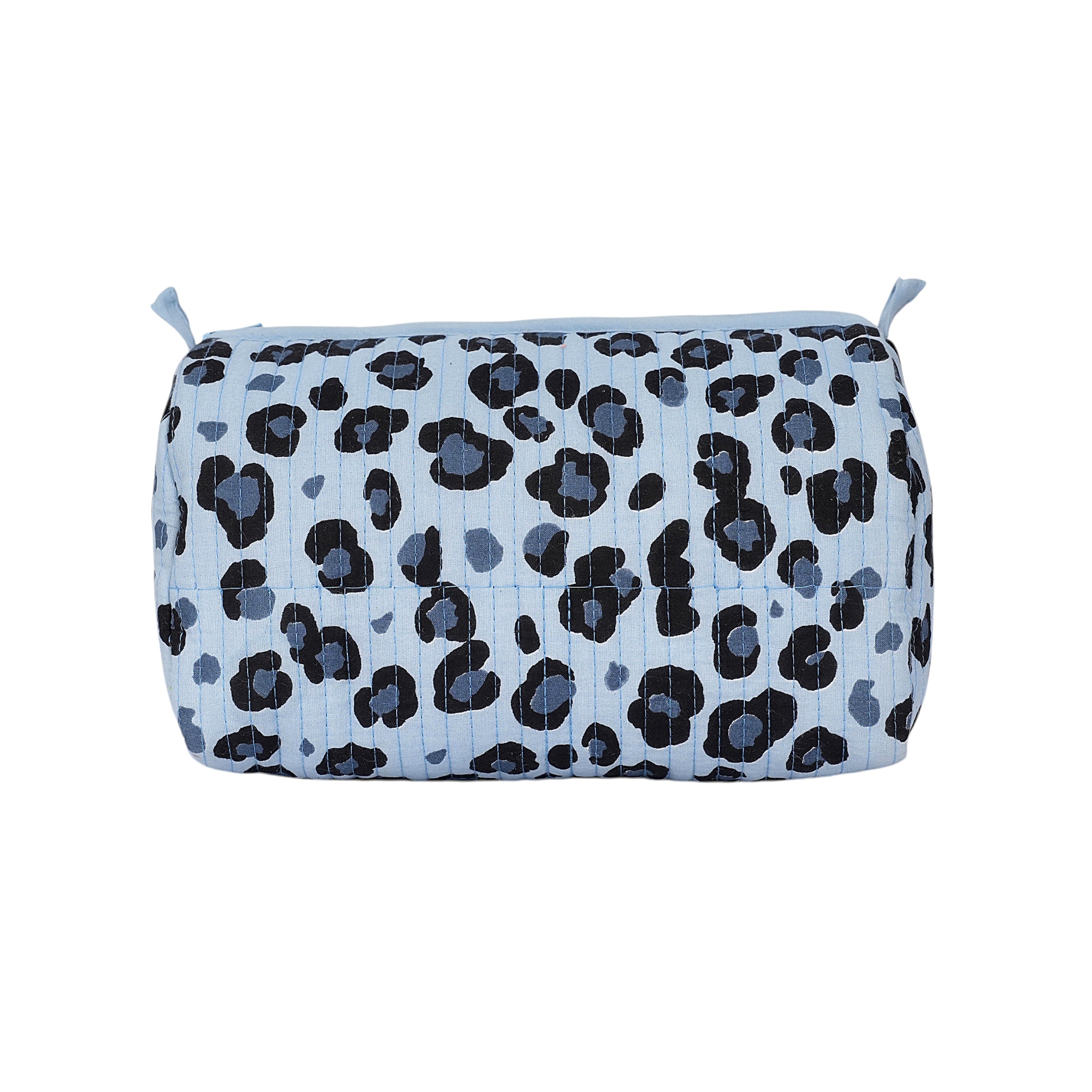 The Leopard 3-Piece Travel Set in light blue — handmade quilted cotton makeup pouch with hand-block-printed leopard print, ethically crafted in Rajasthan