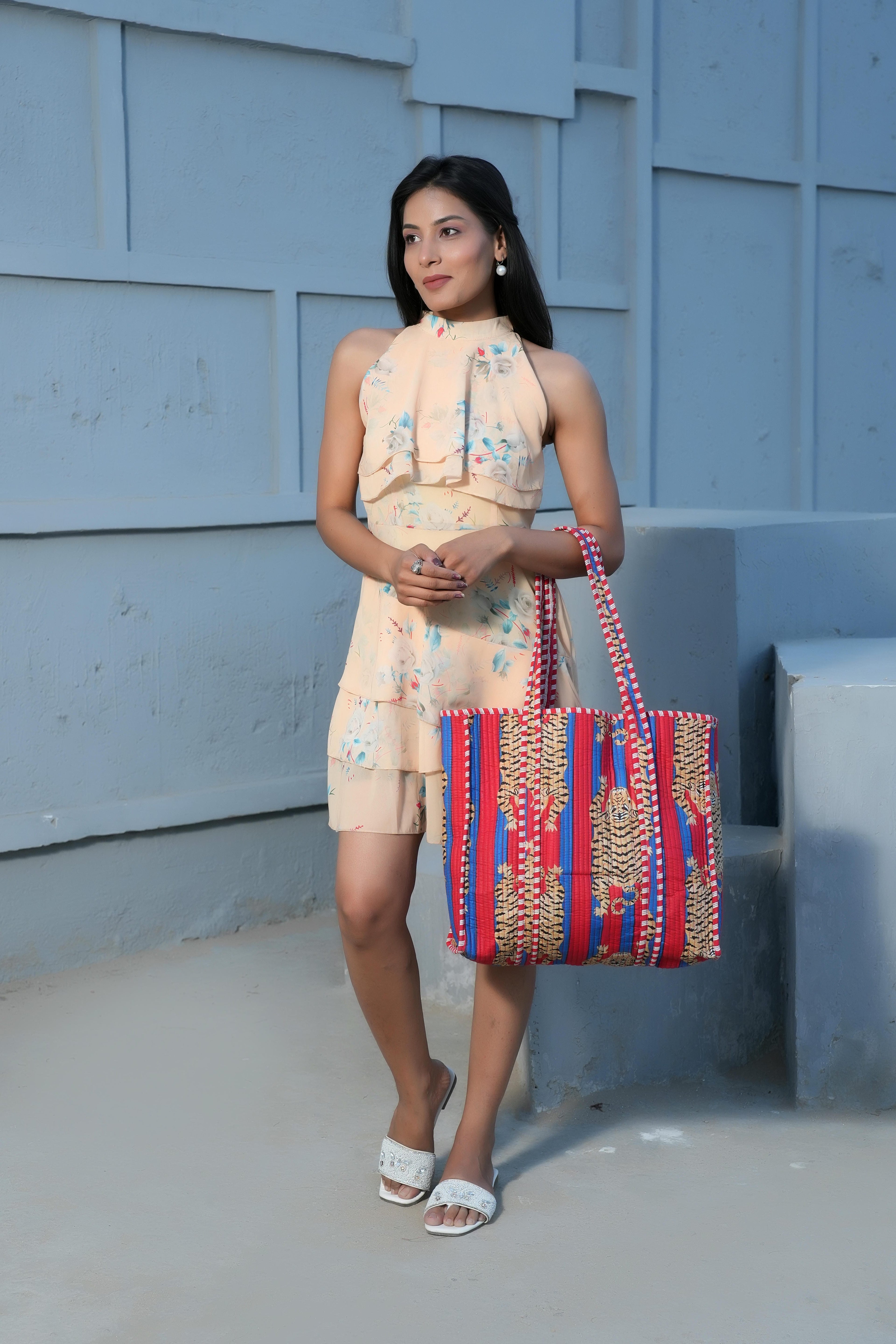 The Tibetan Tiger Tote — handmade hand block printed cotton tote bag, ethically made in Rajasthan, India