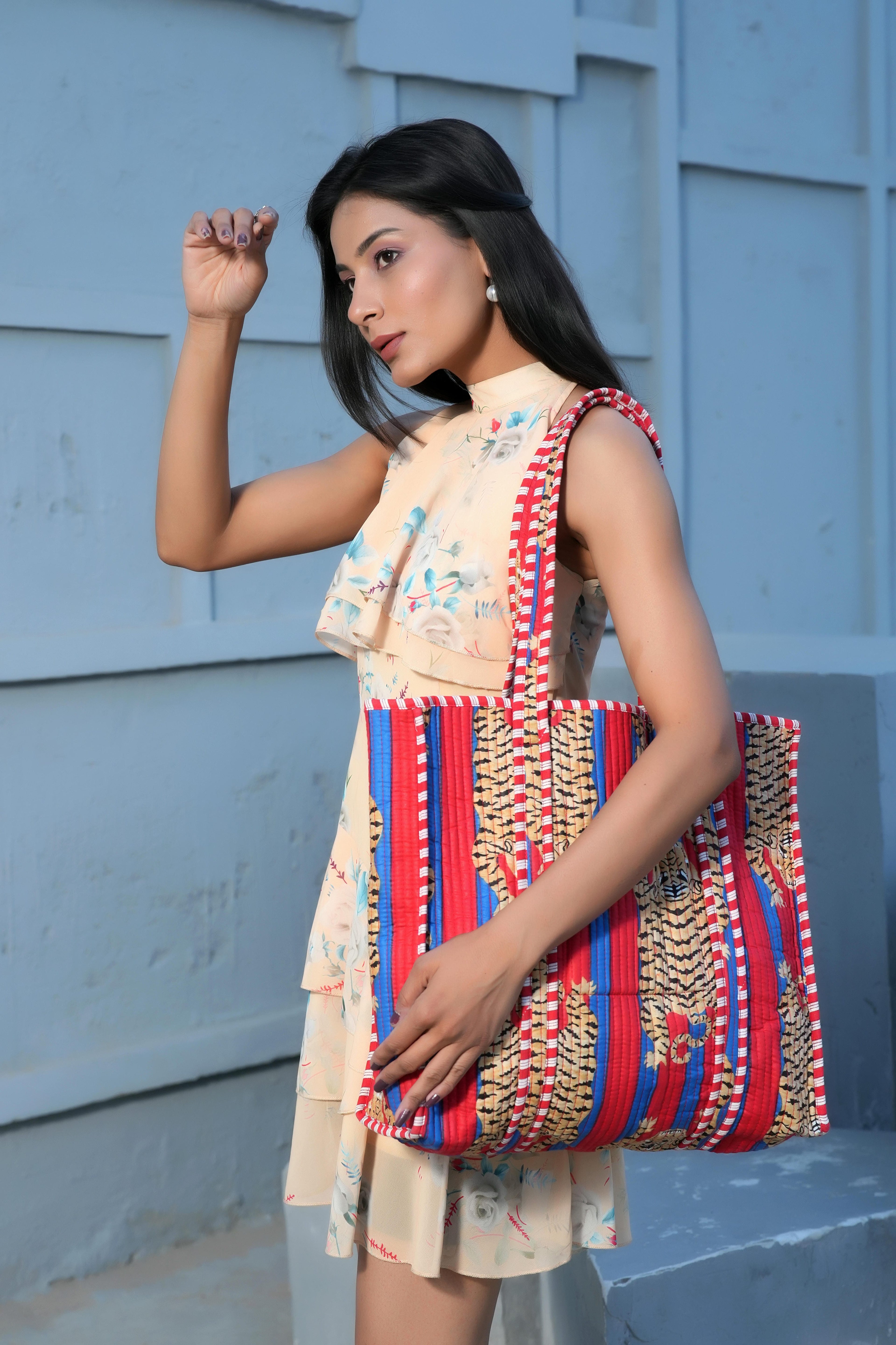 Open view of The Tibetan Tiger Tote showing the cotton-lined interior and inside pocket