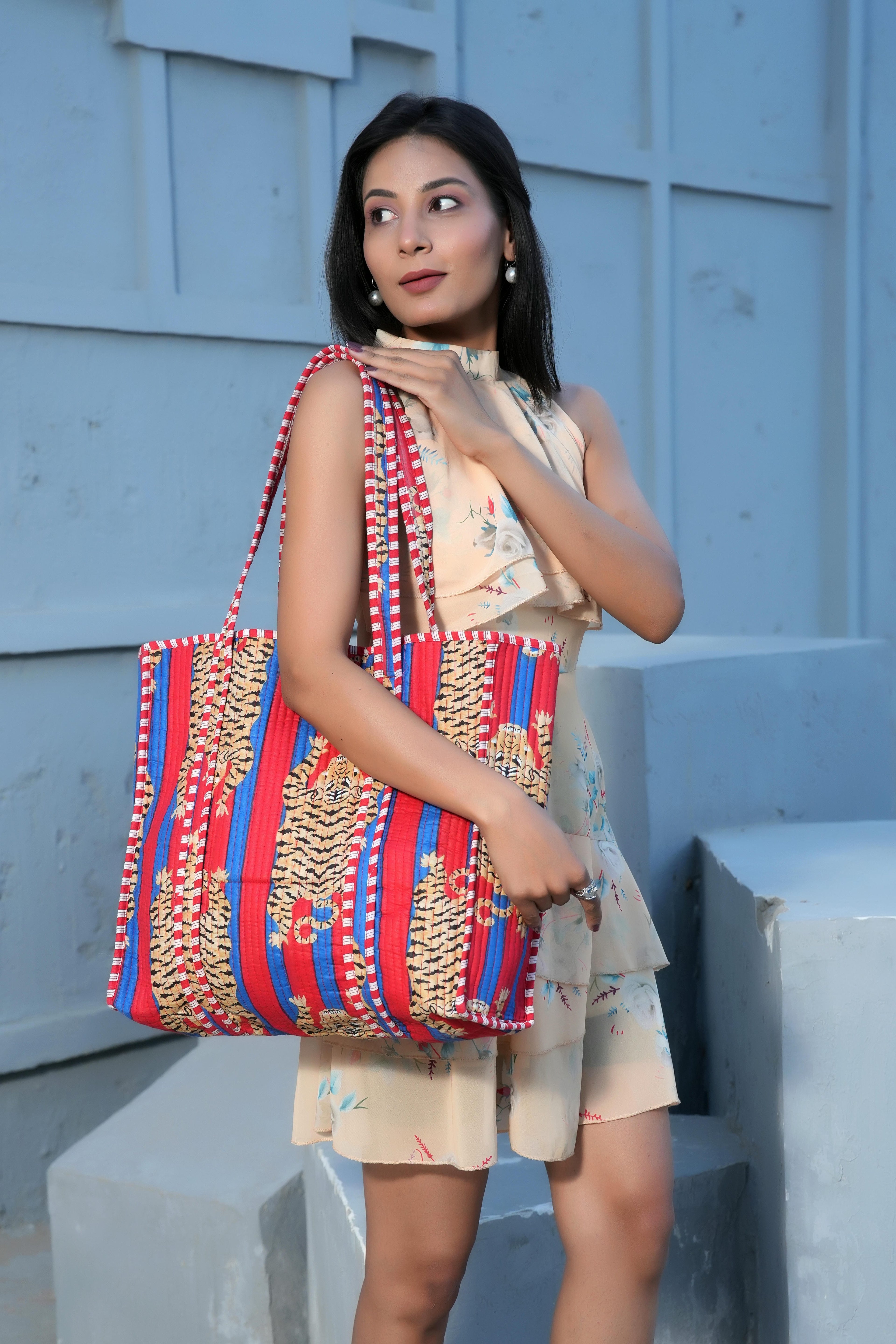The Tibetan Tiger Tote — handmade hand block printed cotton tote bag, ethically made in Rajasthan, India