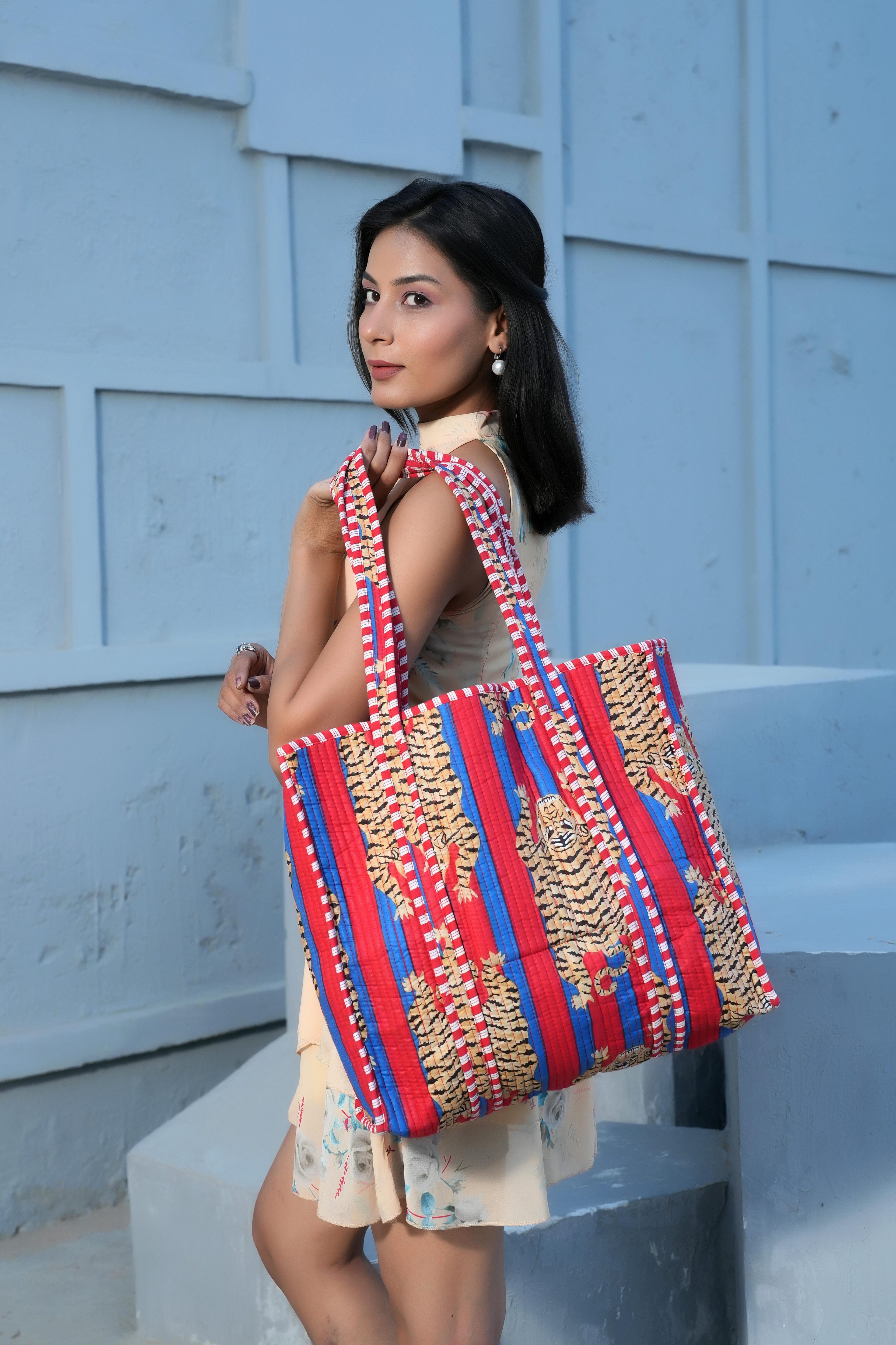 The Tibetan Tiger Tote — handmade hand block printed cotton tote bag, ethically made in Rajasthan, India