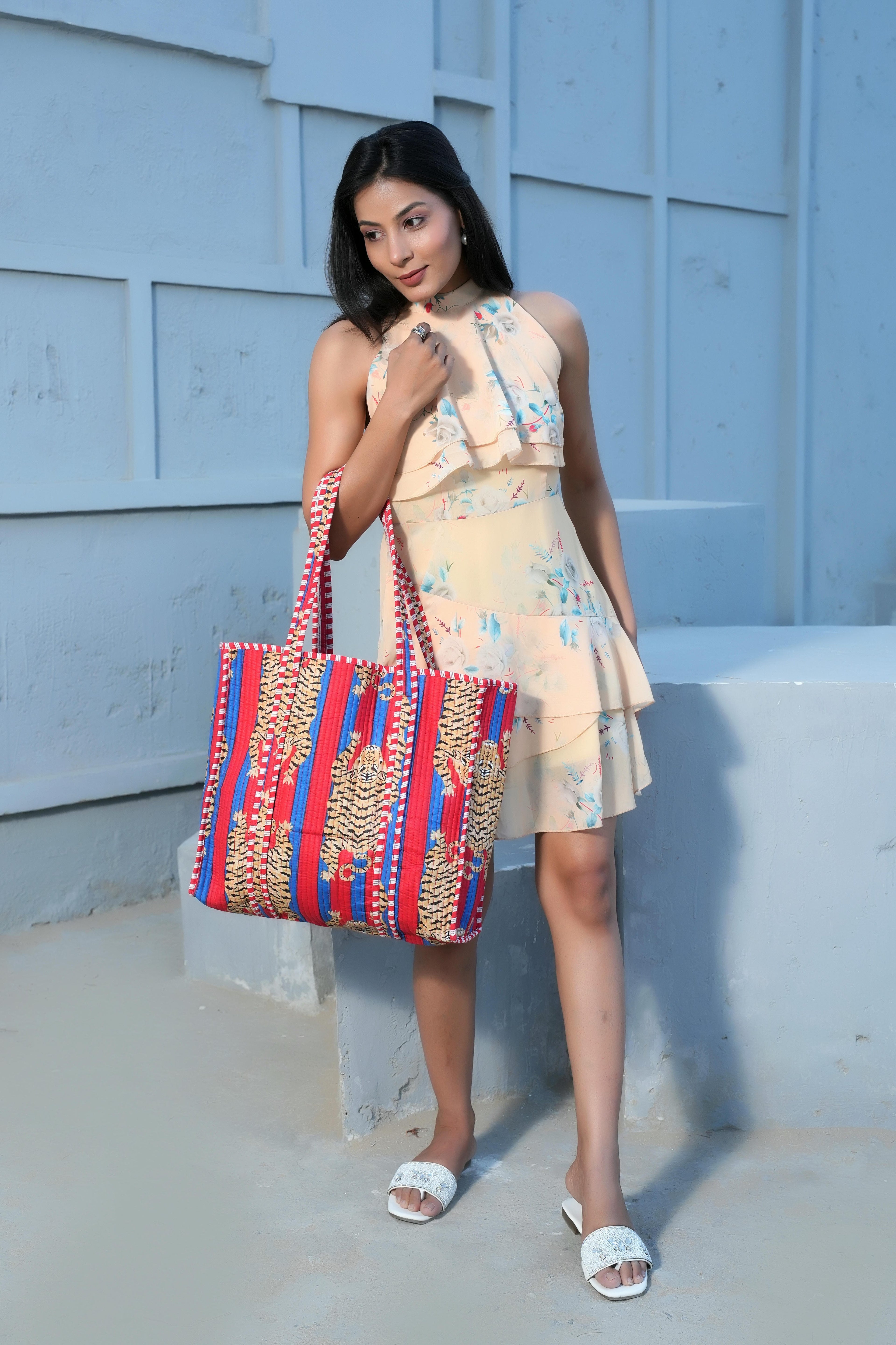 The Tibetan Tiger Tote — handmade hand block printed cotton tote bag, ethically made in Rajasthan, India