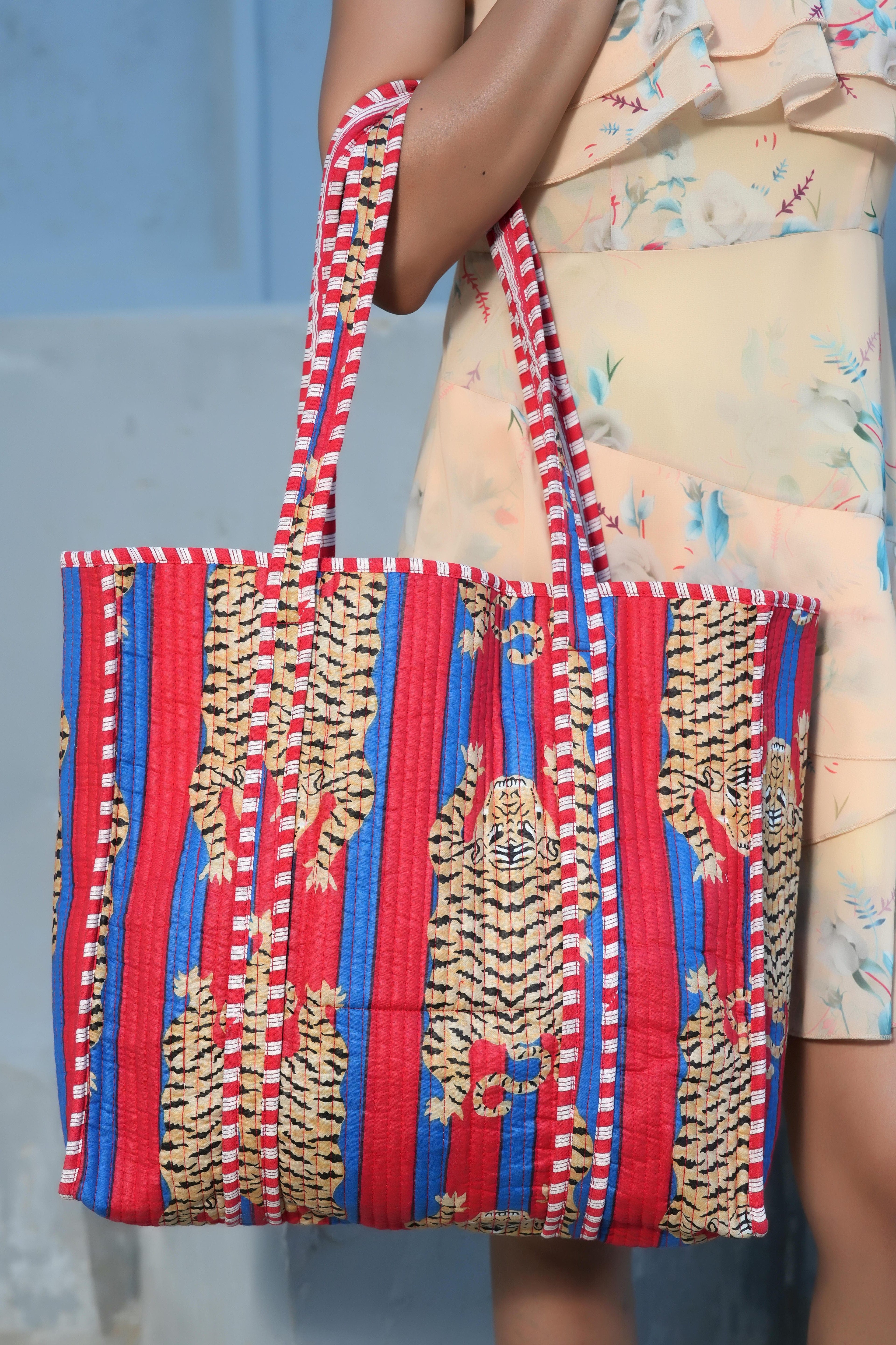 The Tibetan Tiger Tote — handmade hand block printed cotton tote bag, ethically made in Rajasthan, India
