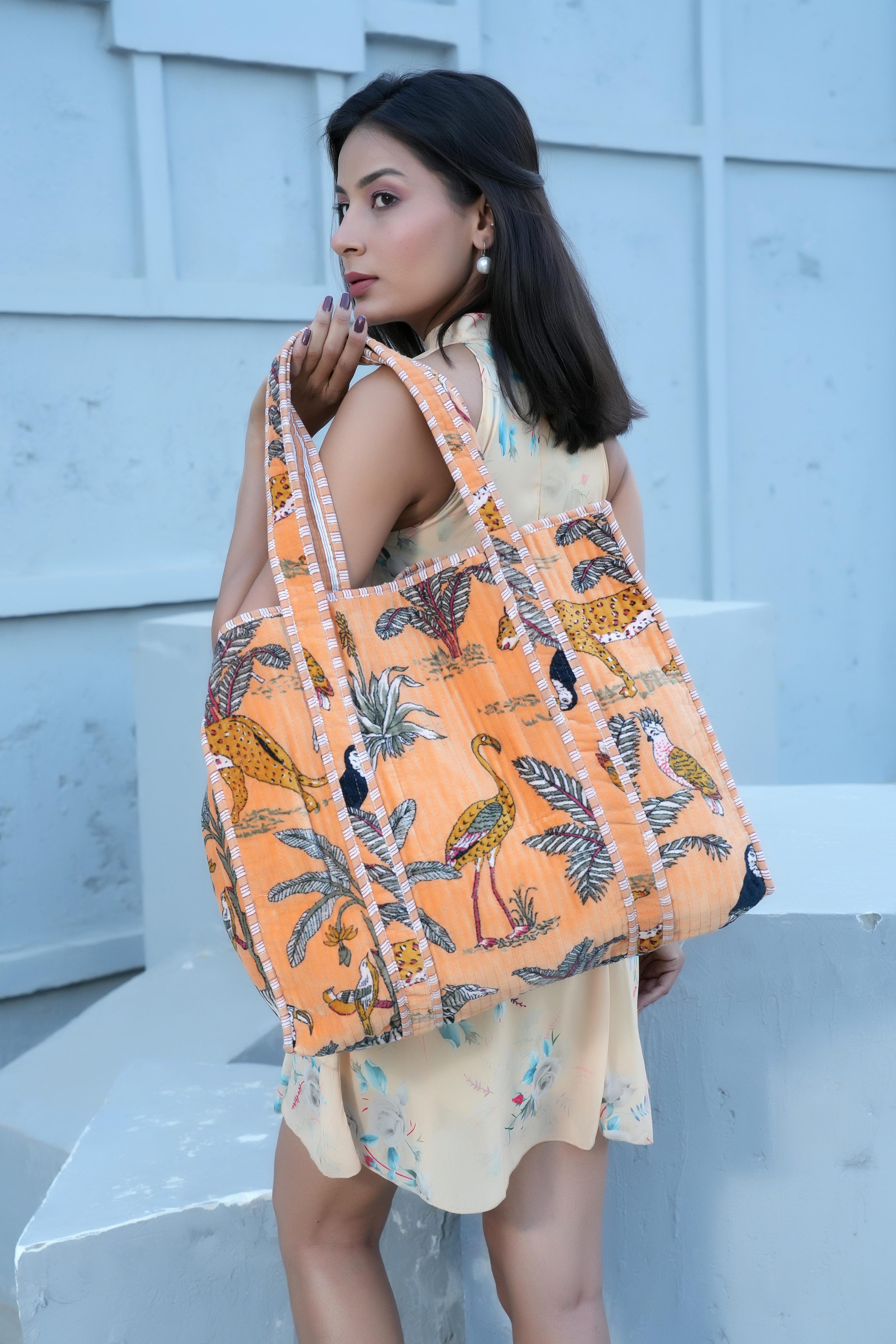The Jungle Tote in Velvet — handmade quilted velvet tote bag, ethically made in Rajasthan, India