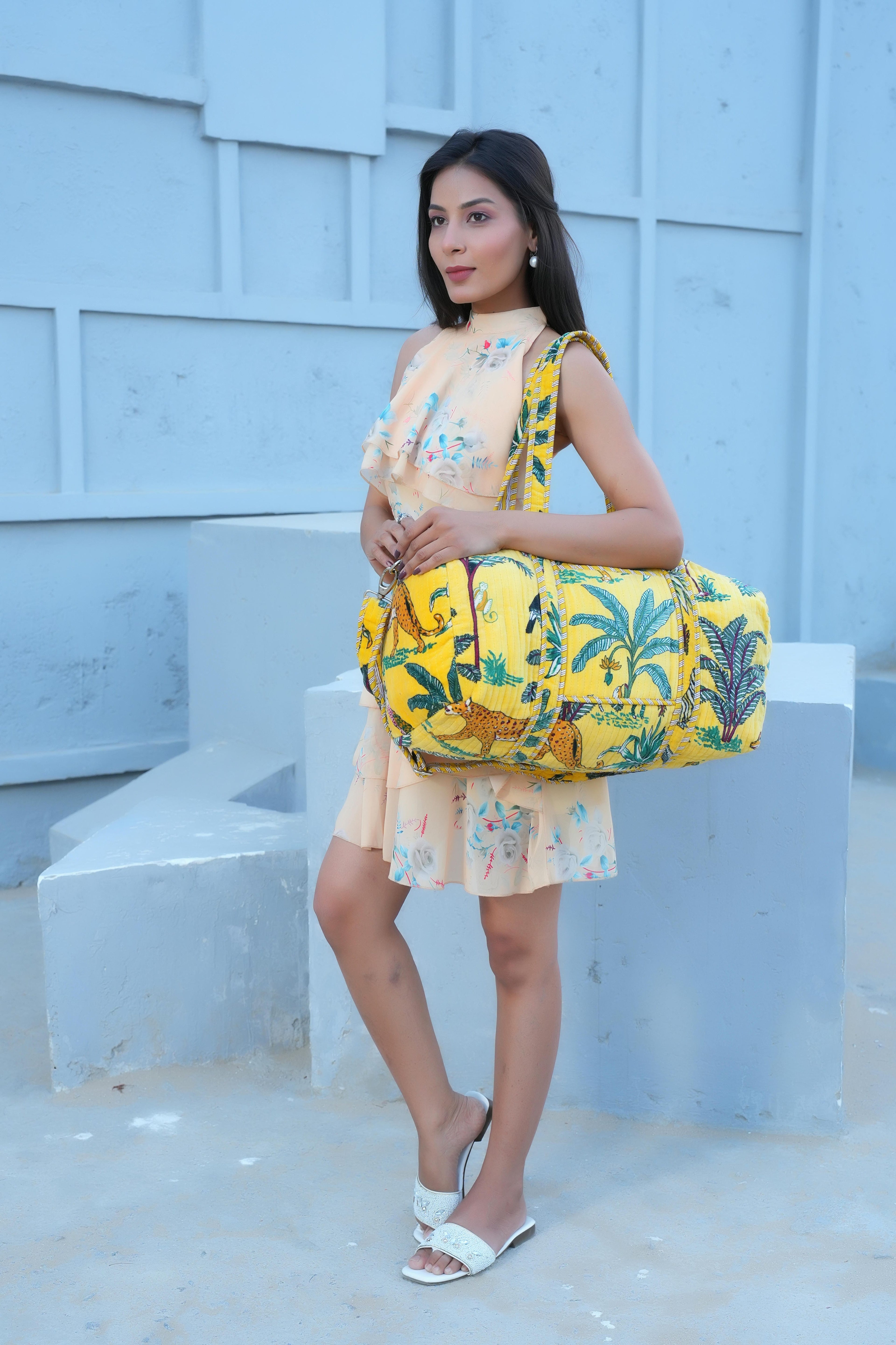 The Jungle Velvet Weekender — handmade quilted velvet weekender bag, ethically made in Rajasthan, India