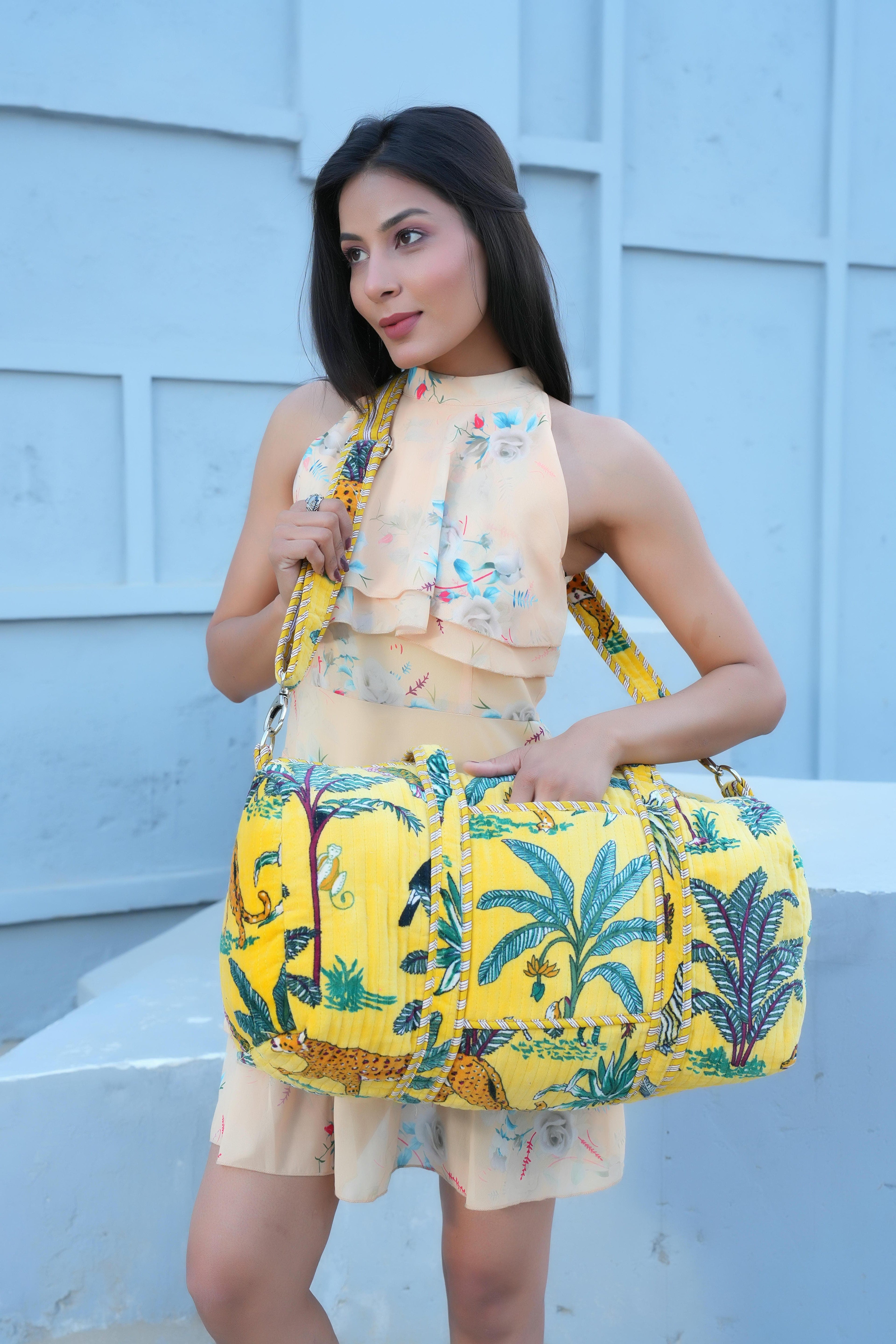 The Jungle Velvet Weekender — handmade quilted velvet weekender bag, ethically made in Rajasthan, India