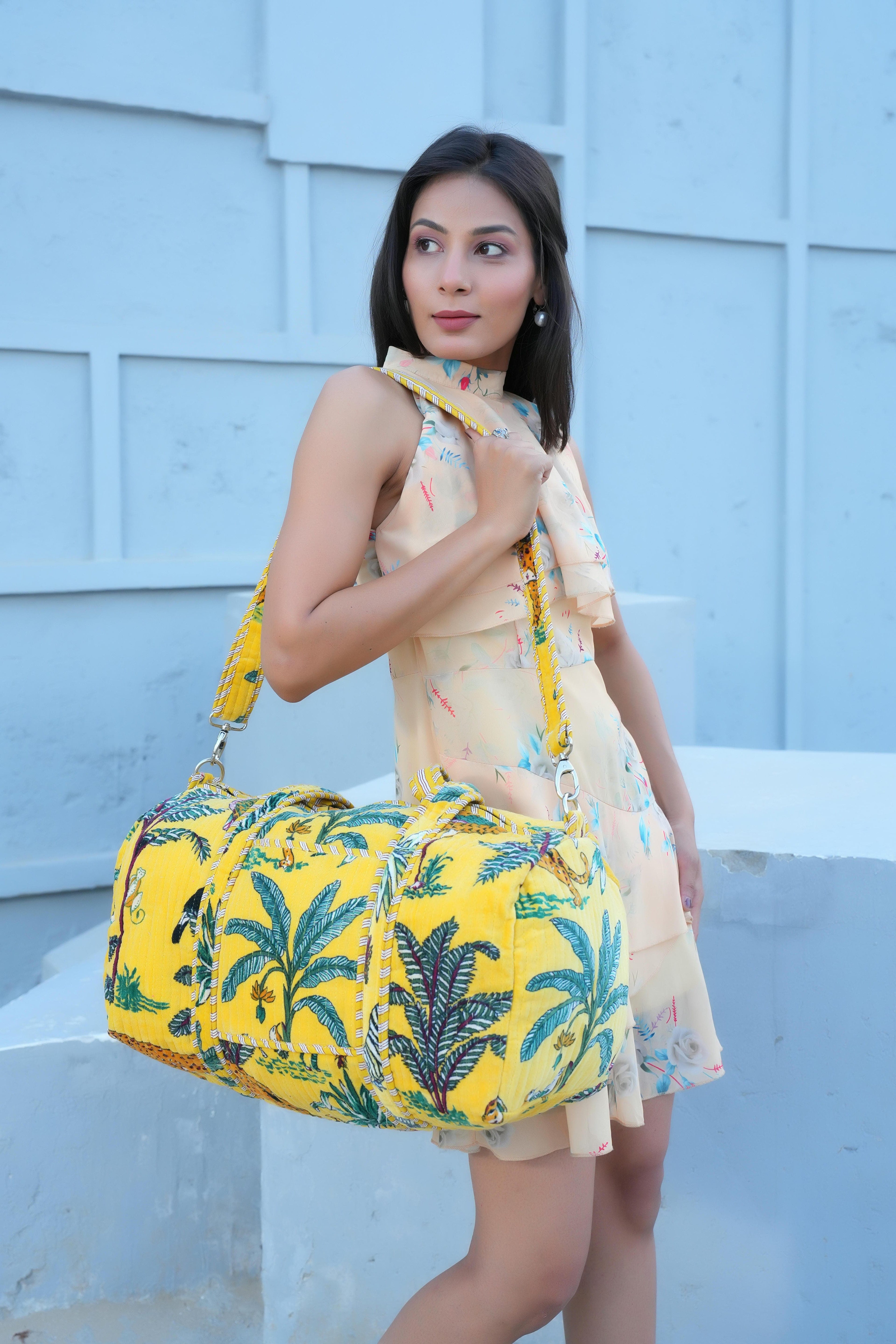 The Jungle Velvet Weekender — handmade quilted velvet weekender bag, ethically made in Rajasthan, India