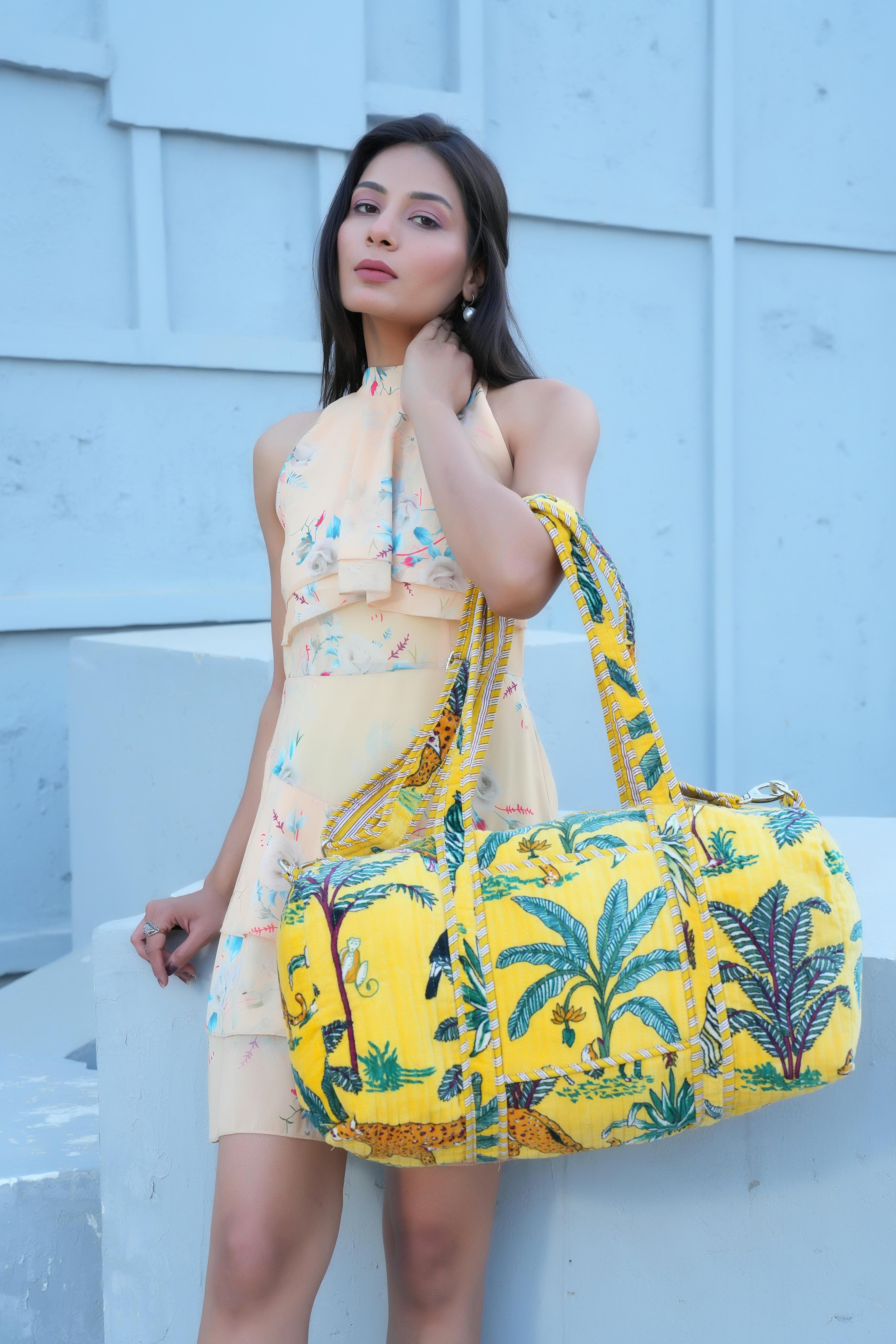 The Jungle Velvet Weekender — handmade quilted velvet weekender bag, ethically made in Rajasthan, India