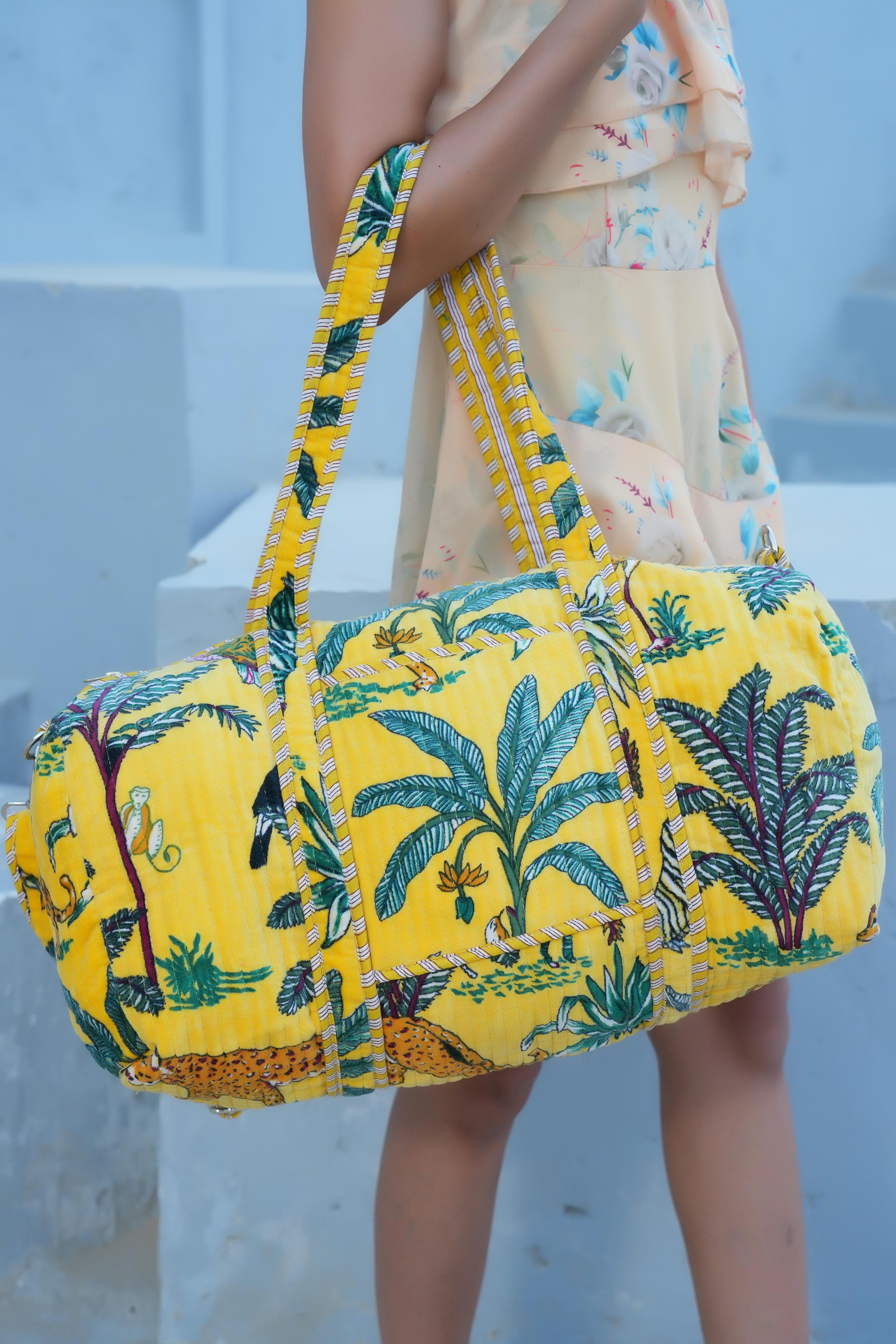 The Jungle Velvet Weekender — handmade quilted velvet weekender bag, ethically made in Rajasthan, India