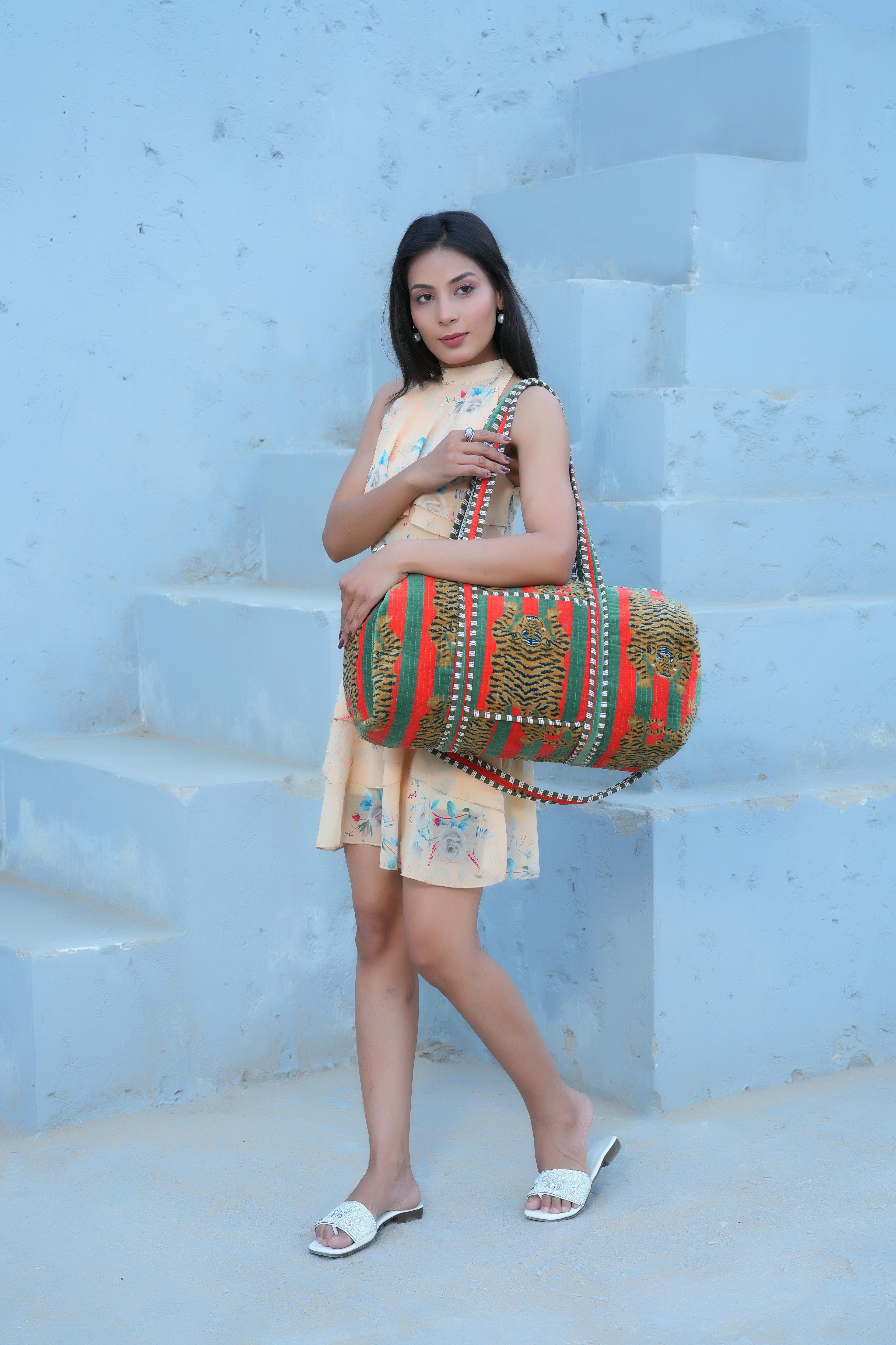 The Tibetan Tiger Velvet Weekender — handmade quilted velvet weekender bag, ethically made in Rajasthan, India