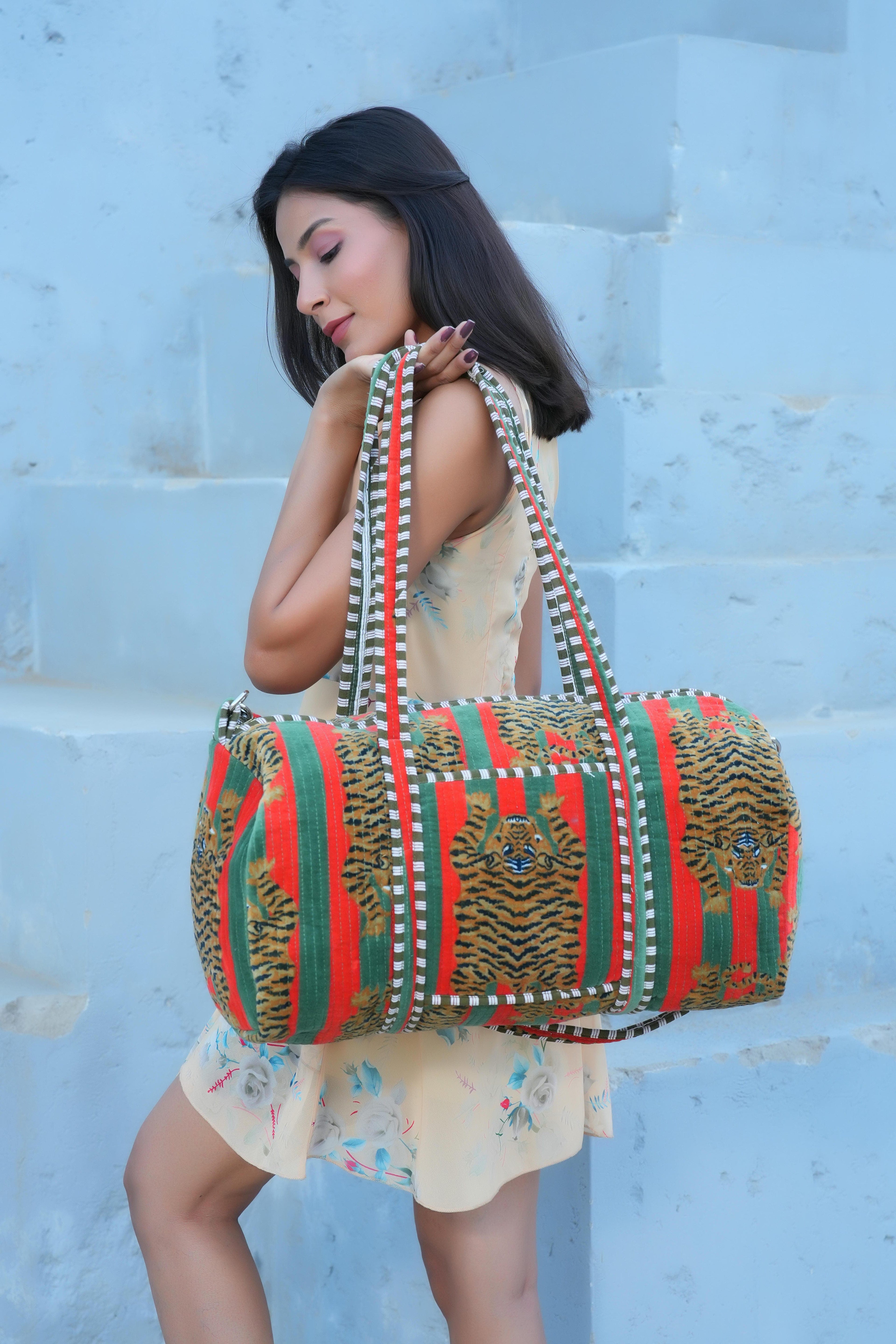 The Tibetan Tiger Velvet Weekender — handmade quilted velvet weekender bag, ethically made in Rajasthan, India