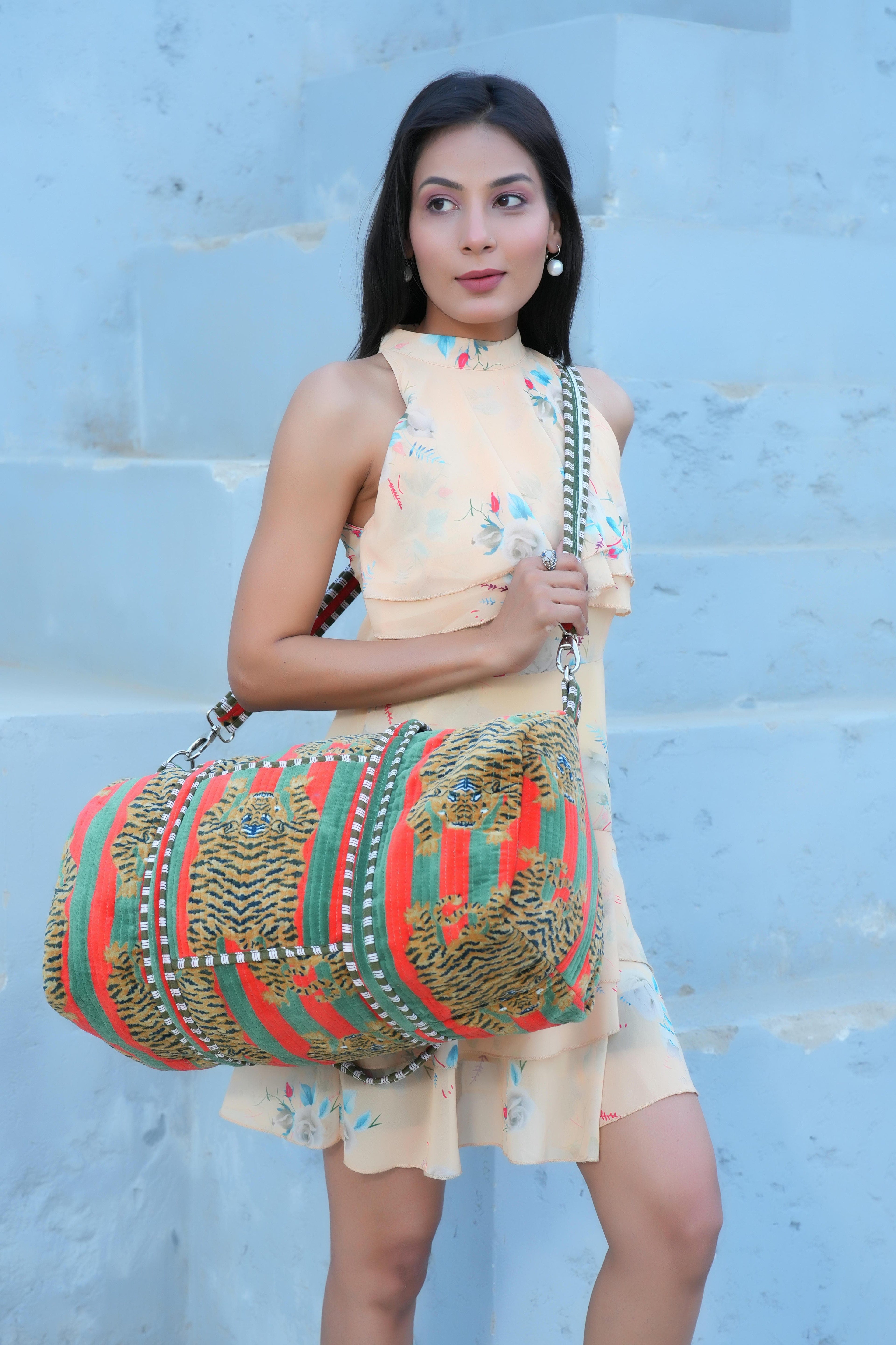 The Tibetan Tiger Velvet Weekender — handmade quilted velvet weekender bag, ethically made in Rajasthan, India