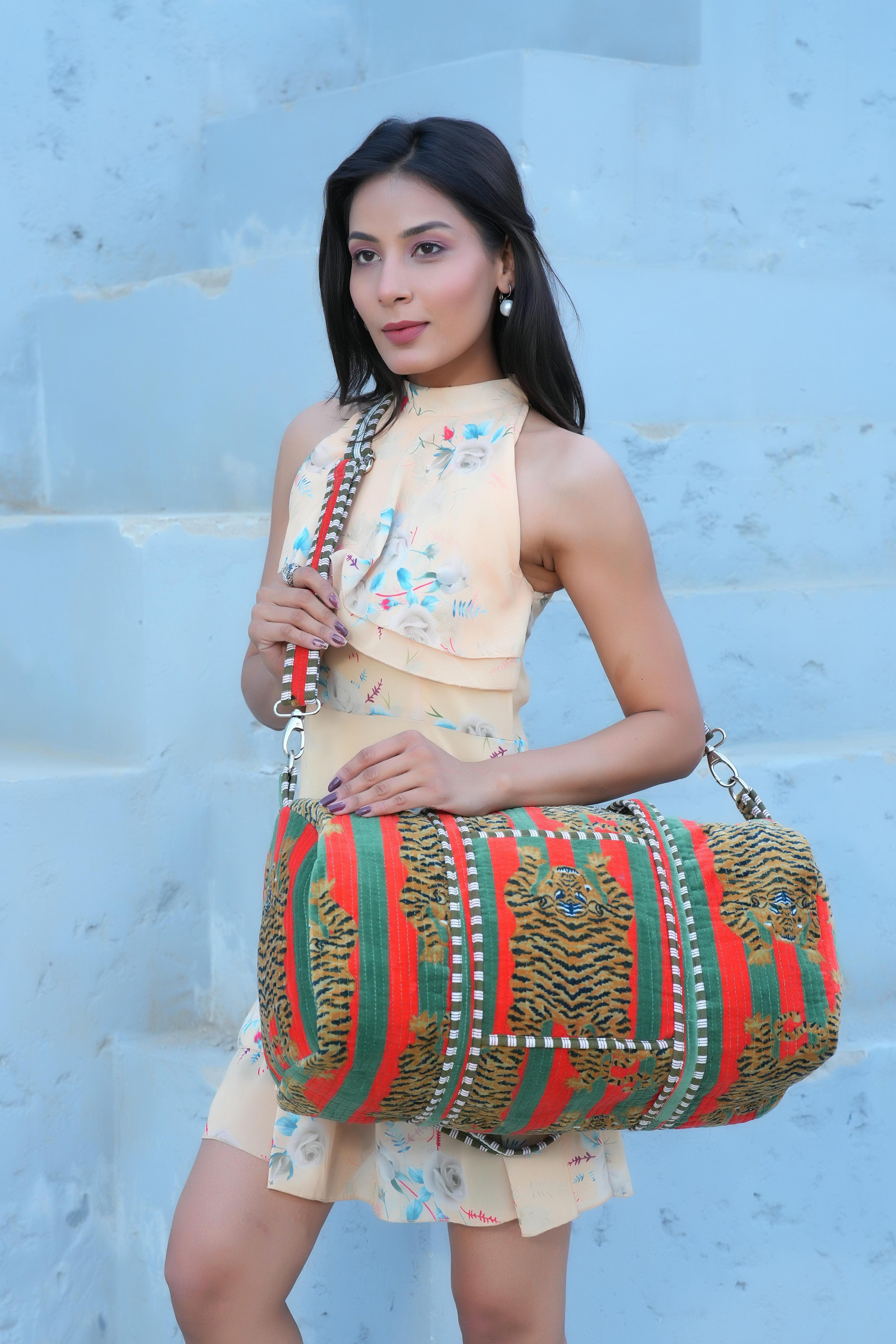 The Tibetan Tiger Velvet Weekender — handmade quilted velvet weekender bag, ethically made in Rajasthan, India