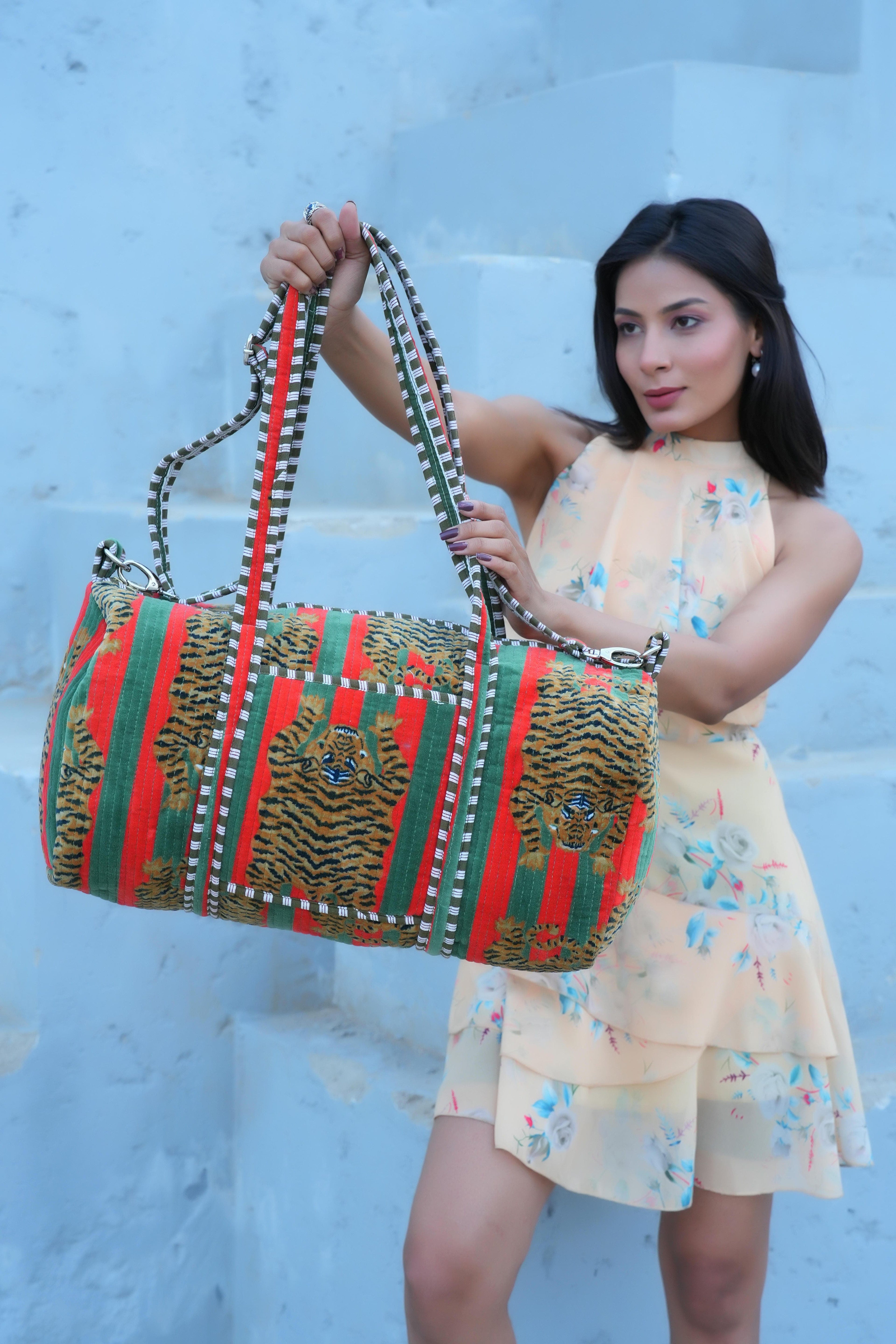 The Tibetan Tiger Velvet Weekender — handmade quilted velvet weekender bag, ethically made in Rajasthan, India