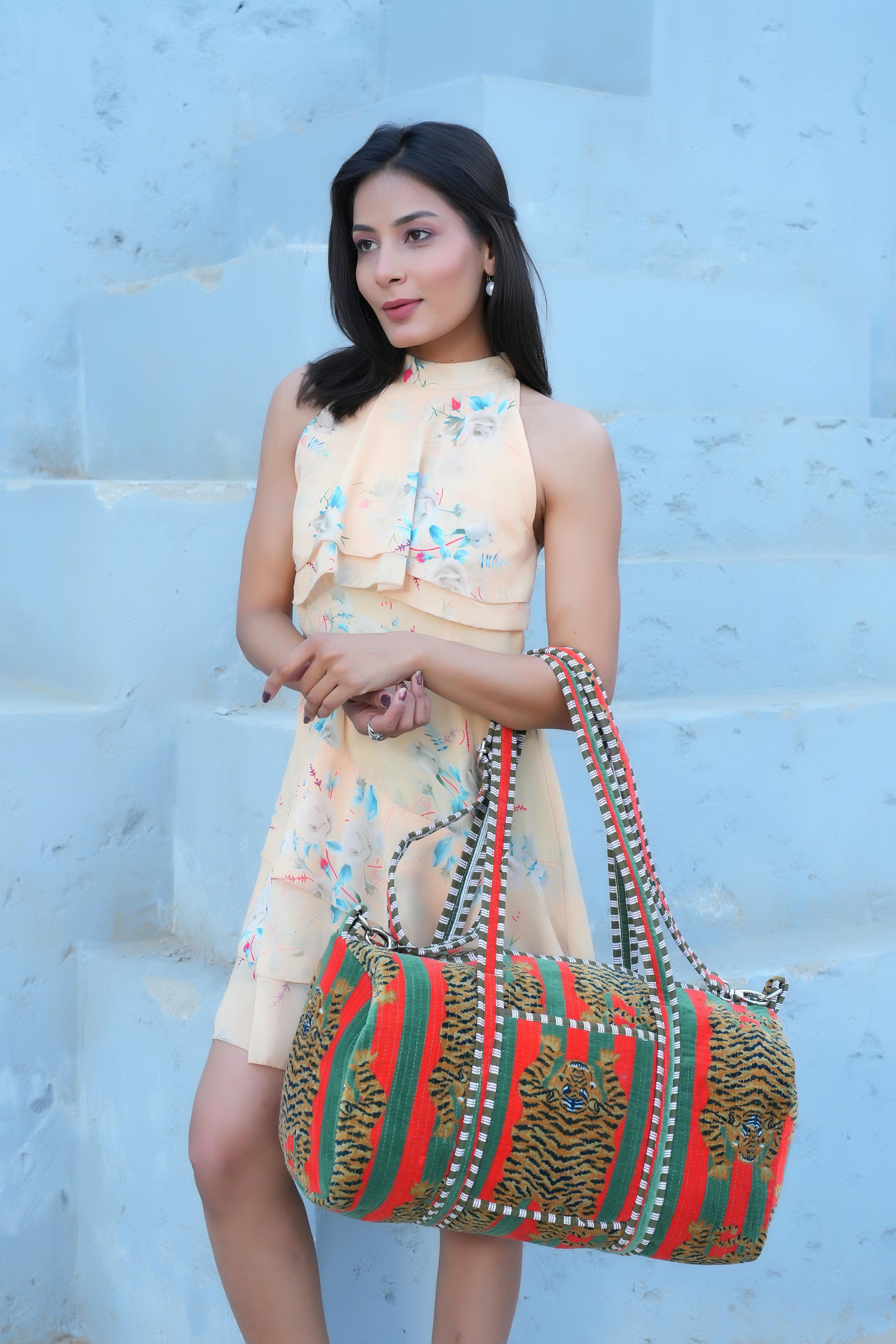 The Tibetan Tiger Velvet Weekender — handmade quilted velvet weekender bag, ethically made in Rajasthan, India